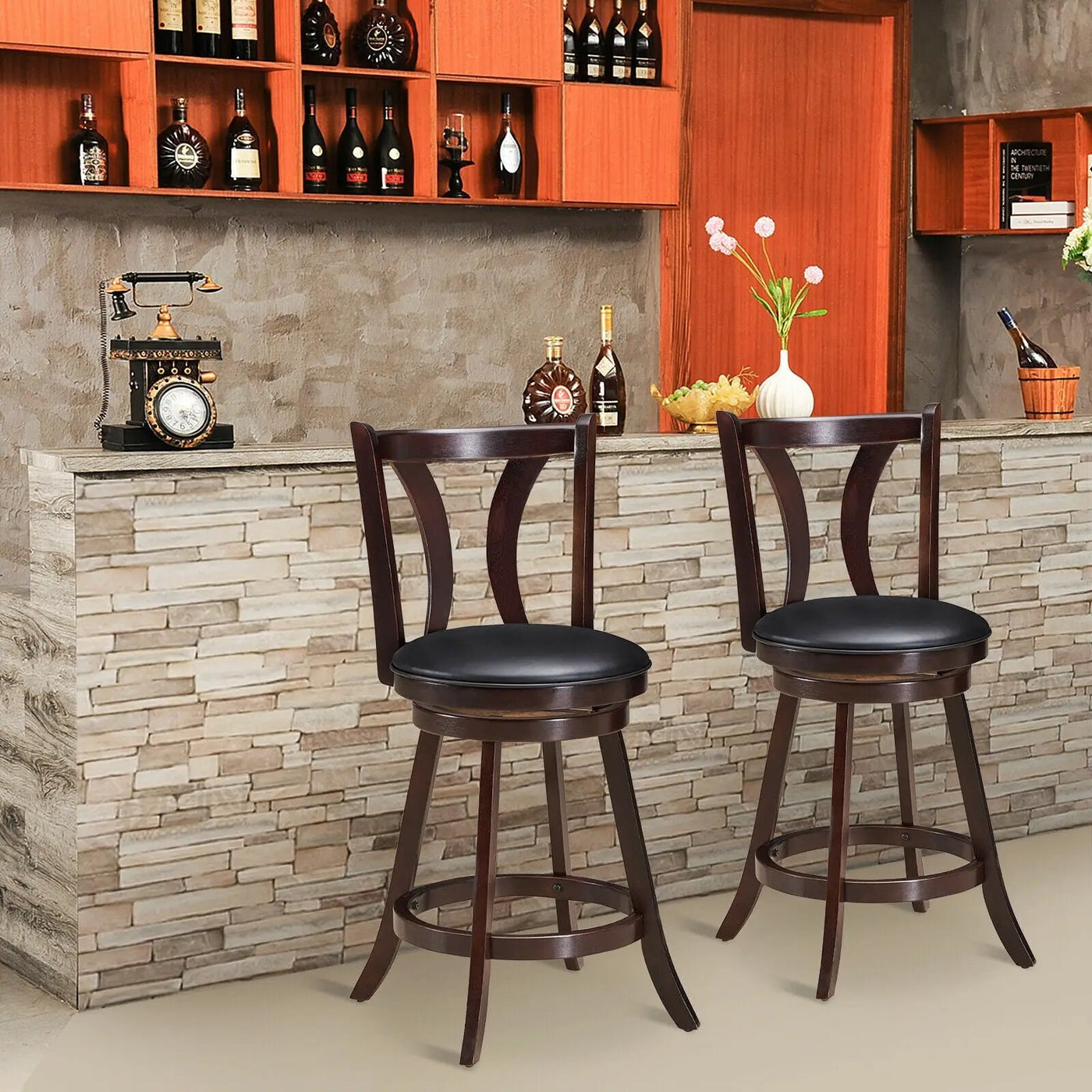 Set of 2 Swivel Bar stool 24 Inch Counter Height Leather Padded Dining Kitchen Chair by DirectDeals