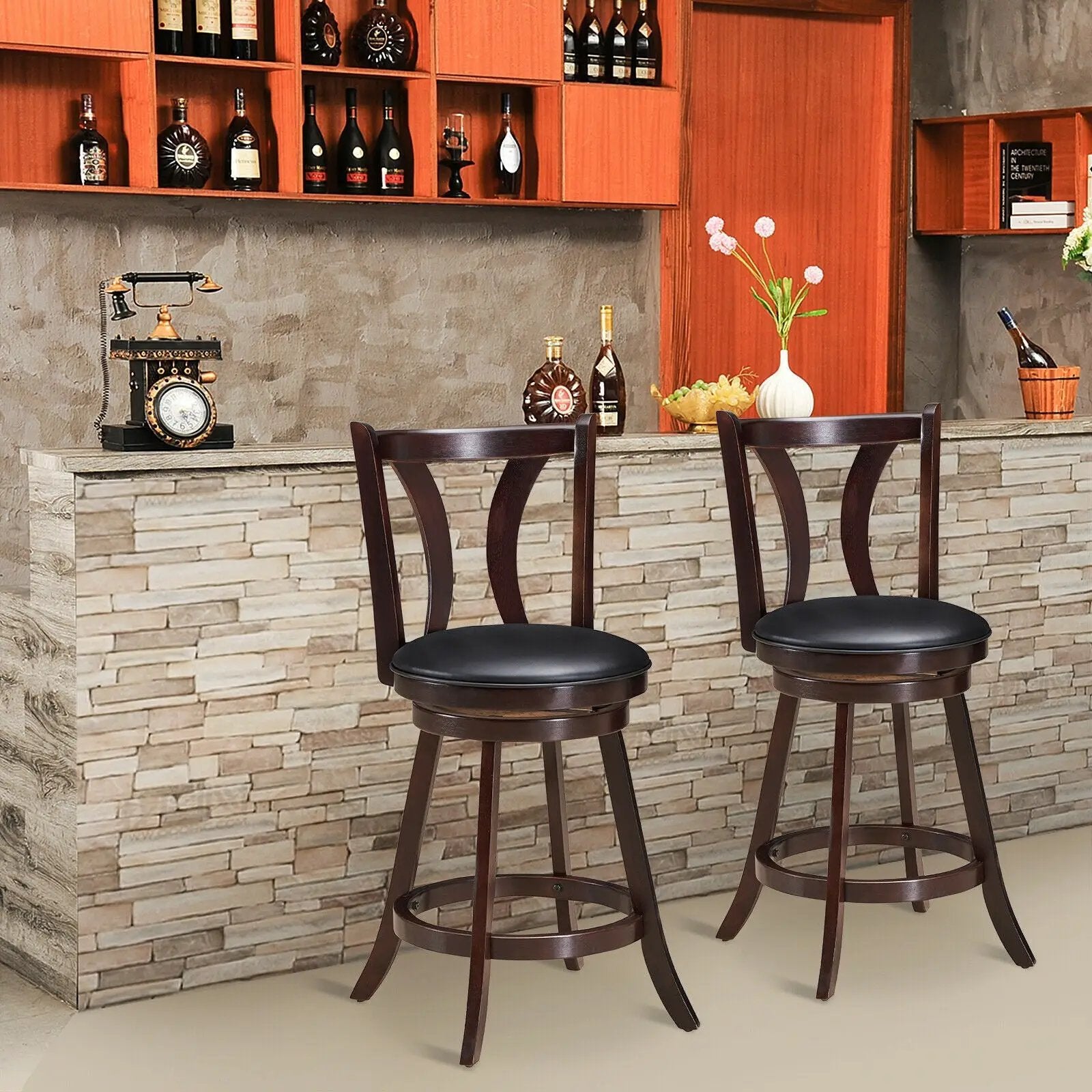 Set of 2 Swivel Bar stool 24 Inch Counter Height Leather Padded Dining Kitchen Chair by DirectDeals