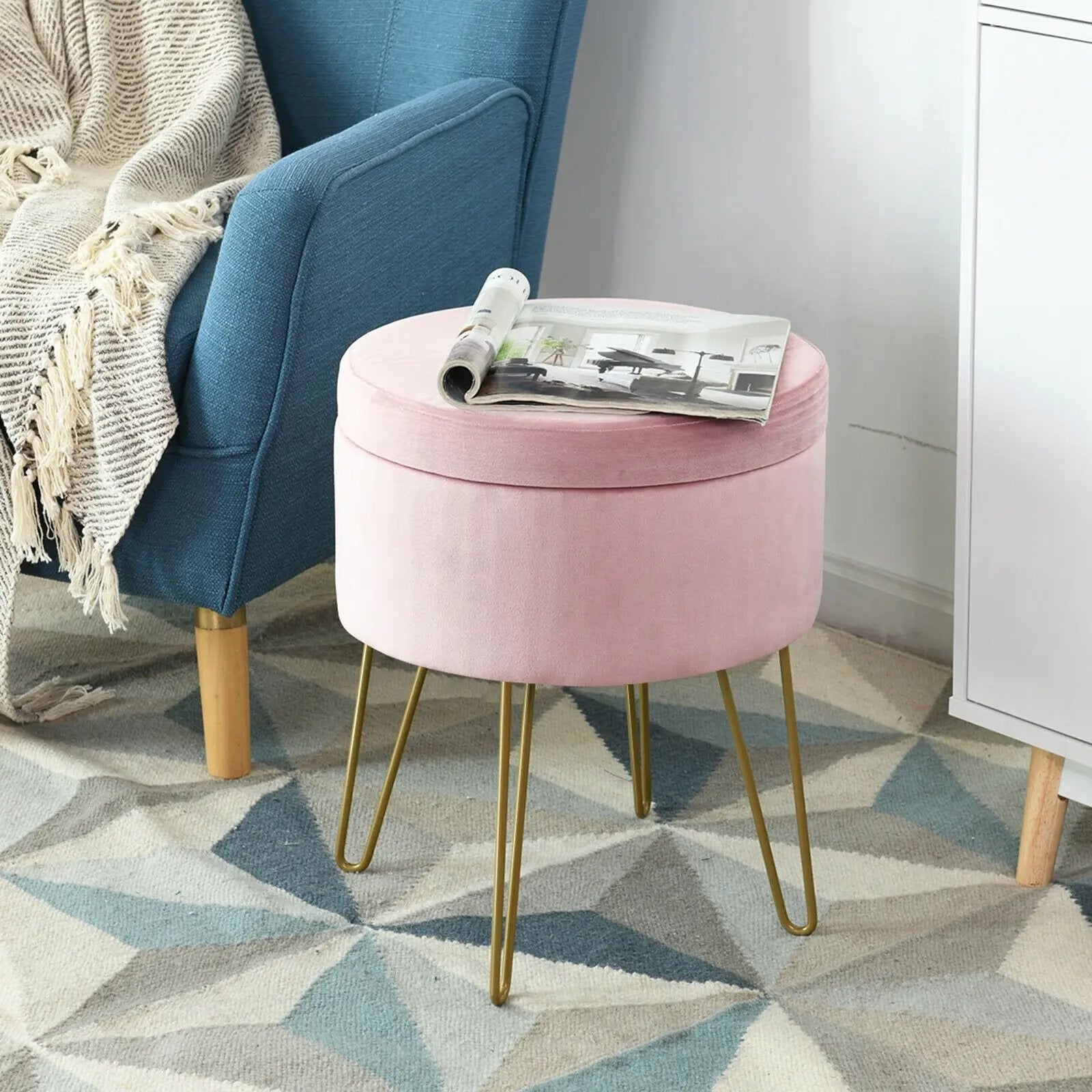 Round Velvet Storage Ottoman Footrest Stool Vanity Chair with Metal Legs by DirectDeals