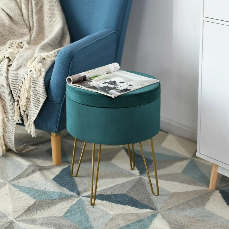 Round Velvet Storage Ottoman Footrest Stool Vanity Chair with Metal Legs by DirectDeals