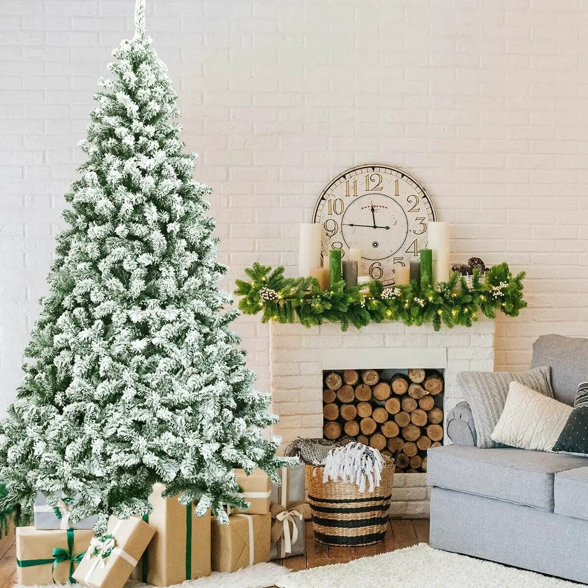 7.5 Feet Snow Flocked Artificial Christmas Tree Hinged with 1346 Tip and Foldable Base by DirectDeals