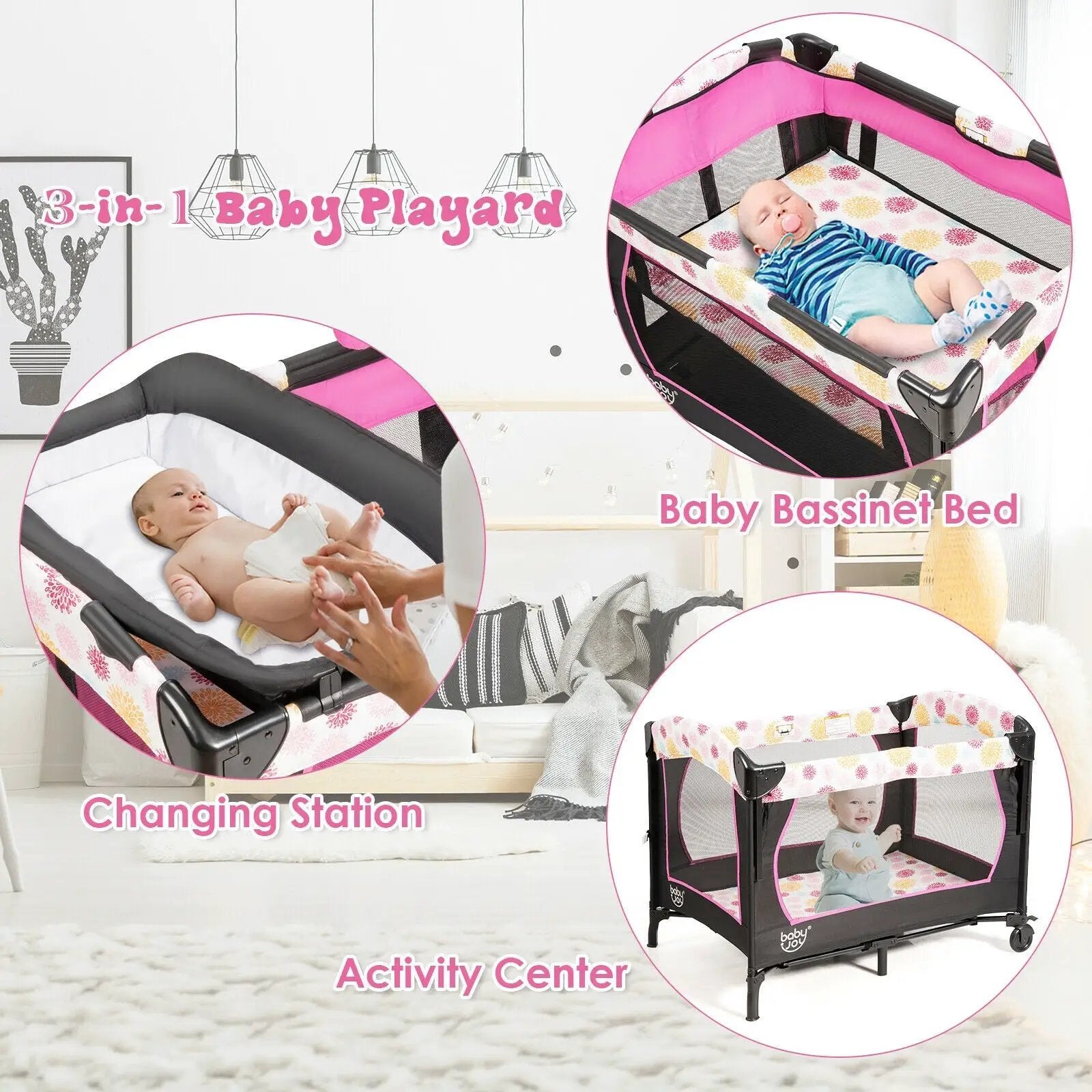3-in-1 Convertible Portable Baby Playard with Music Box and Wheel and Brakes by DirectDeals