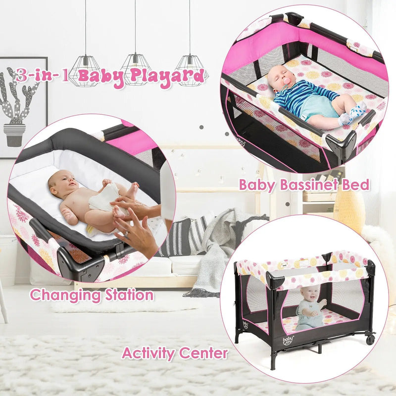 3-in-1 Convertible Portable Baby Playard with Music Box and Wheel and Brakes by DirectDeals