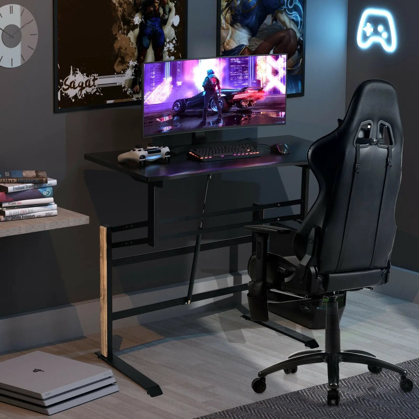 Pneumatic Height Adjustable Gaming Desk T Shaped Game Station with Power Strip Tray-Black by DirectDeals