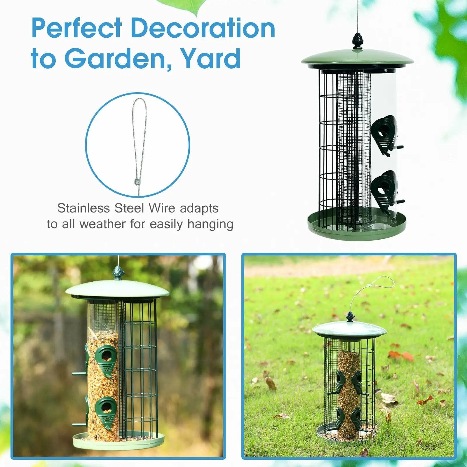 3-in-1 Metal Hanging Wild Bird Feeder with 4 Feeding Ports and Perches by DirectDeals