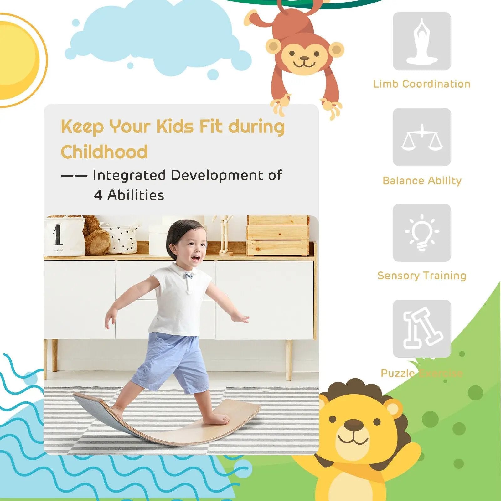 Wooden Wobble Balance Board Kids 35 Inch Rocker Yoga Curvy Board Toy with Felt Layer-Natural by DirectDeals
