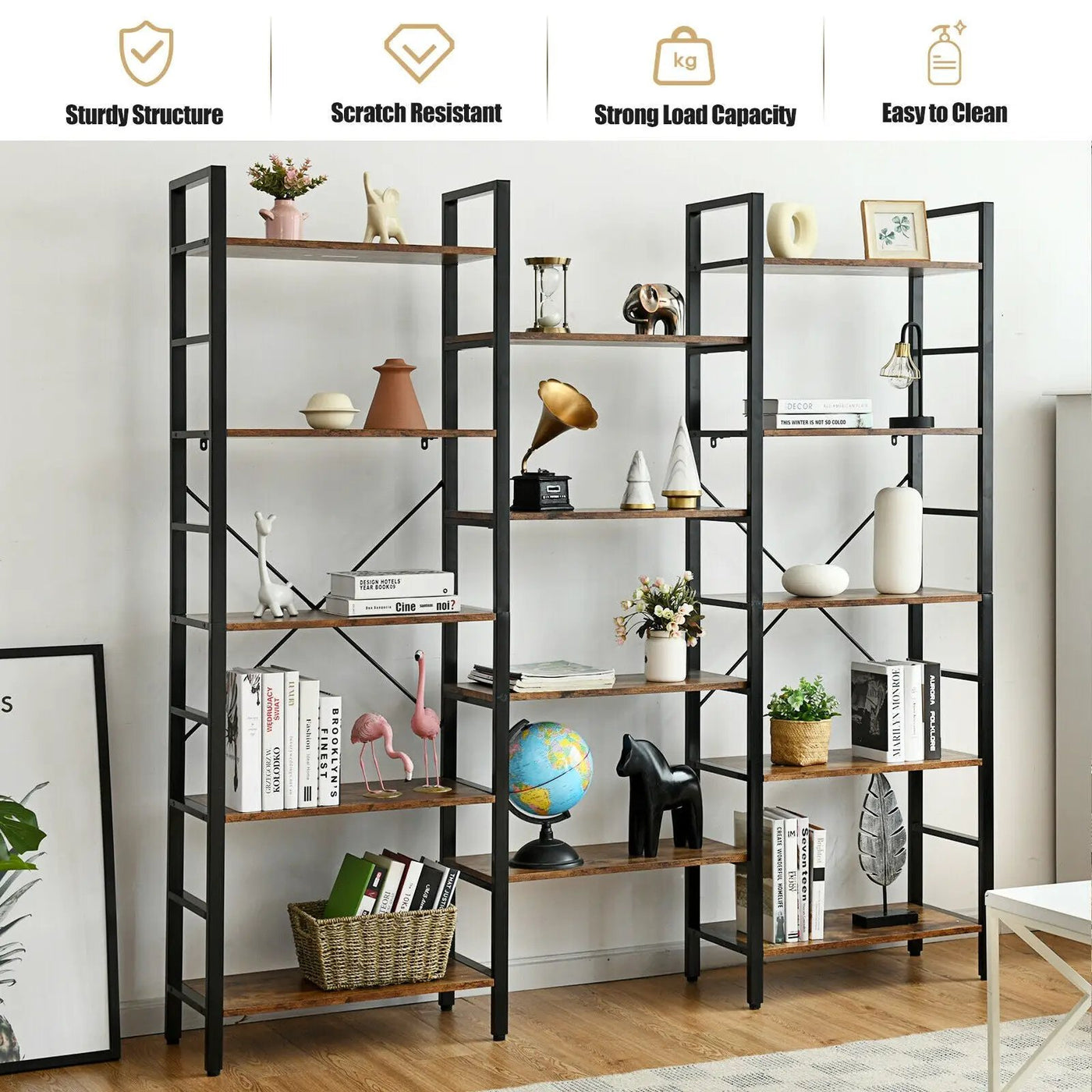 Vintage Triple Wide 5-Tier Bookcase Large Bookshelf Display Storage Shelf by DirectDeals