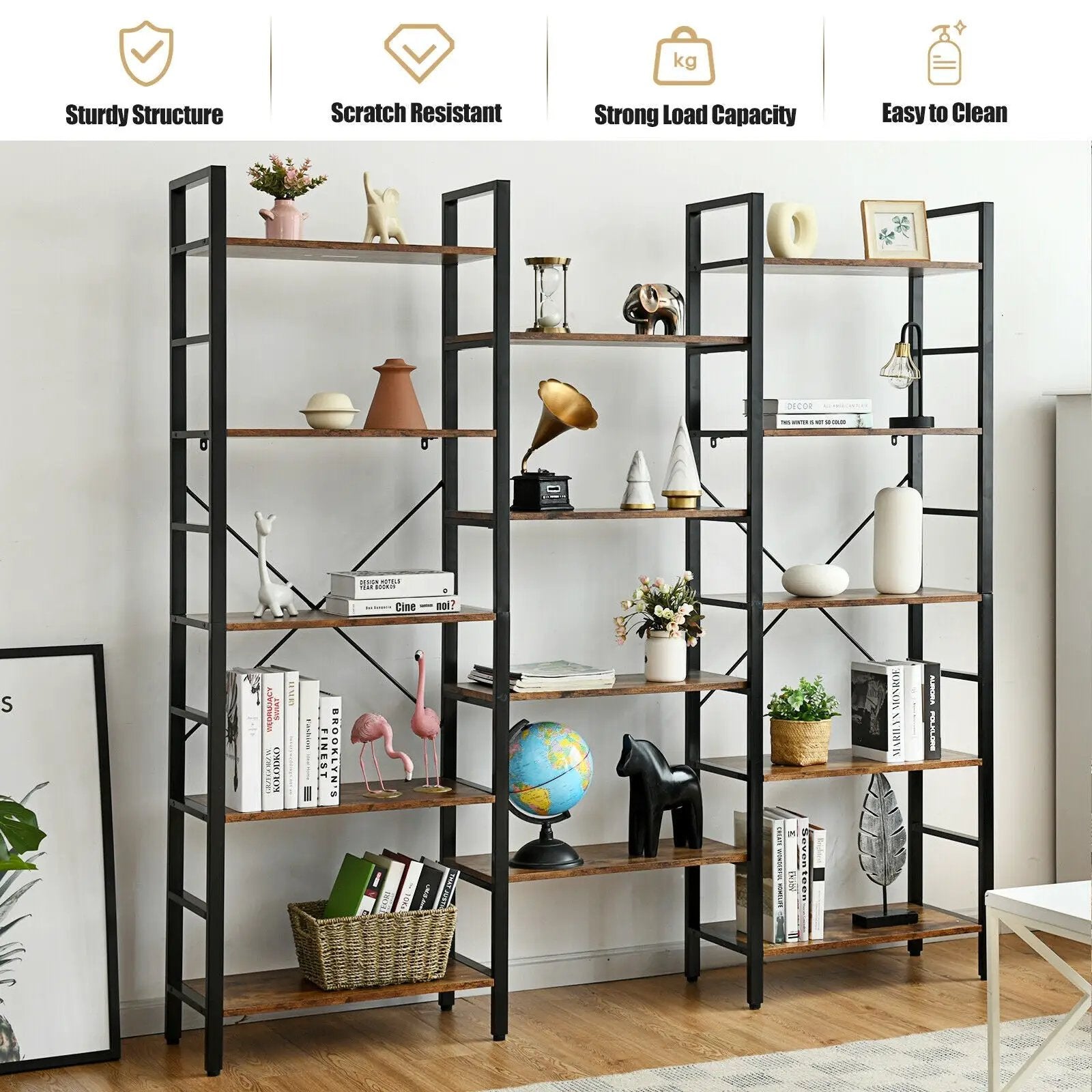 Vintage Triple Wide 5-Tier Bookcase Large Bookshelf Display Storage Shelf by DirectDeals