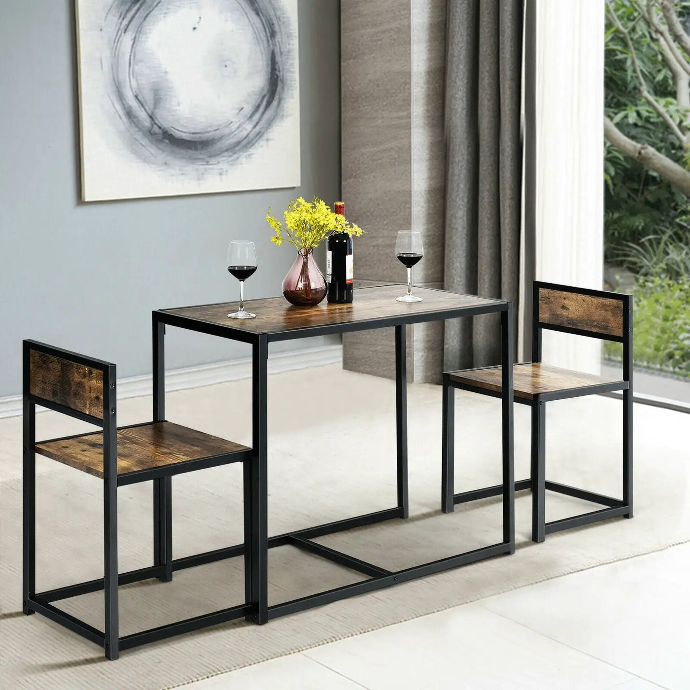 3 Pcs Dining Set Compact Table and 2 Chair with Metal Frame for for Small Space by DirectDeals