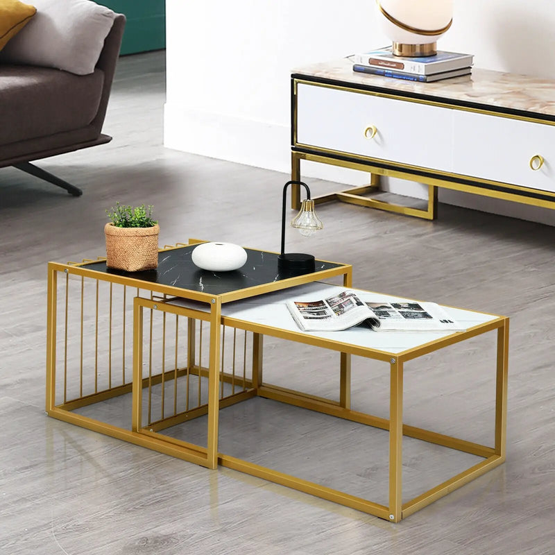 Set of 2 Modern Stackable 31.5 Inch Side Table with Waterproof Faux Marble Tabletop by DirectDeals