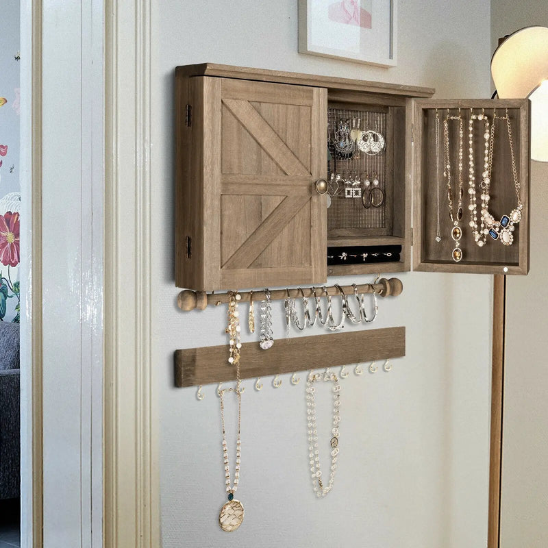 Vintage Wood Wall Mounted Jewelry Organizer with Barn Door-Brown by DirectDeals