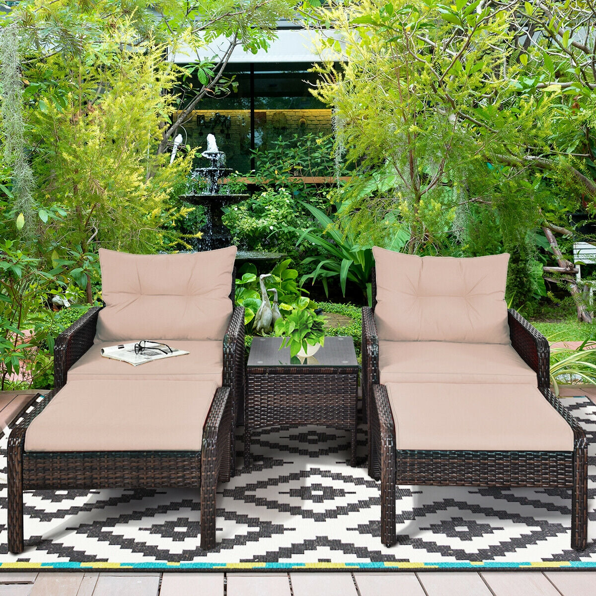 5 Pieces Patio Rattan Sofa Ottoman Furniture Set with Cushions-Black by DirectDeals