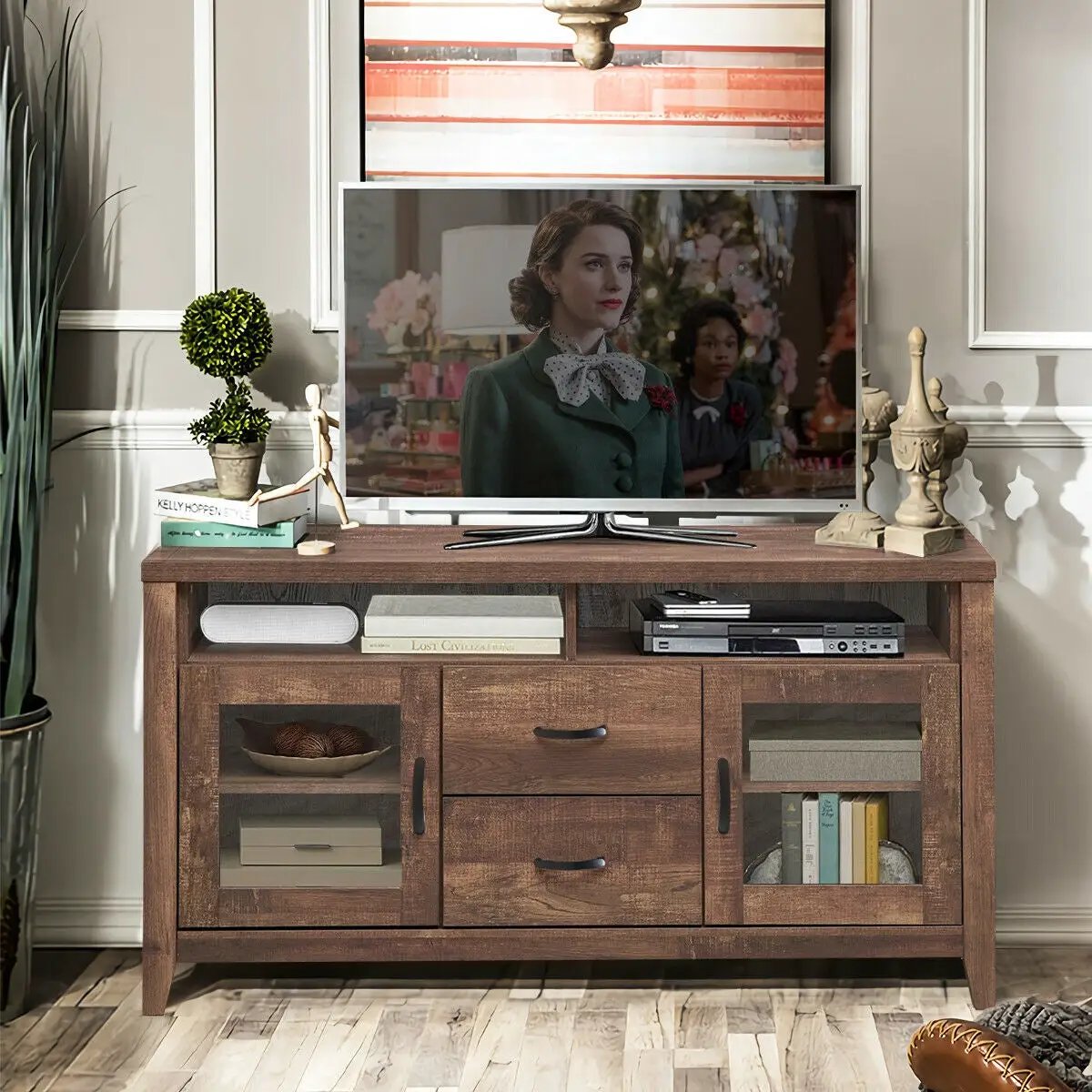 Wooden Retro TV Stand with Drawers and Tempered Glass Doors by DirectDeals