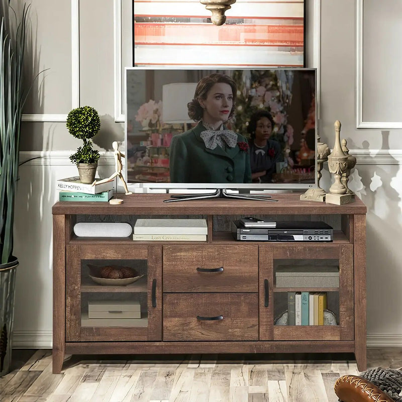 Wooden Retro TV Stand with Drawers and Tempered Glass Doors by DirectDeals