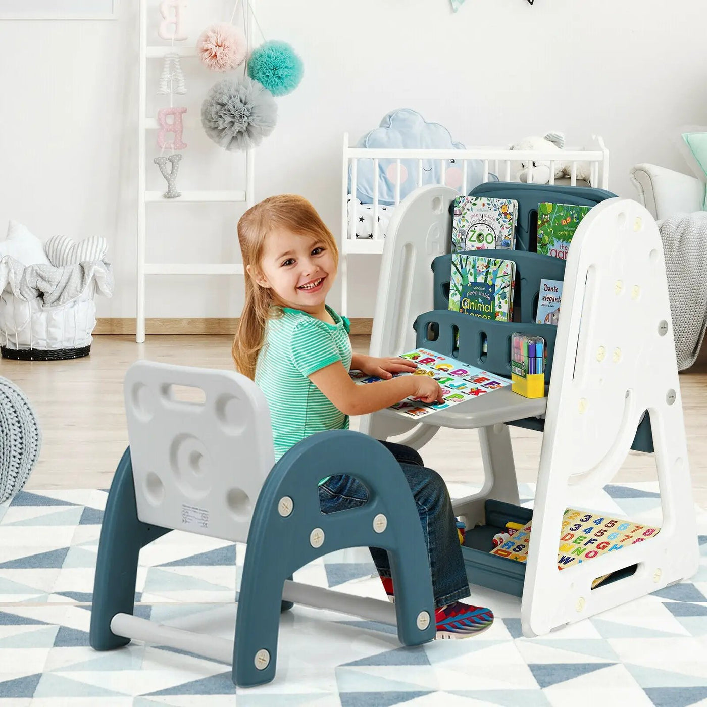 2-in-1 Kids Easel Desk Chair Set Book Rack Adjustable Art Painting Board by DirectDeals