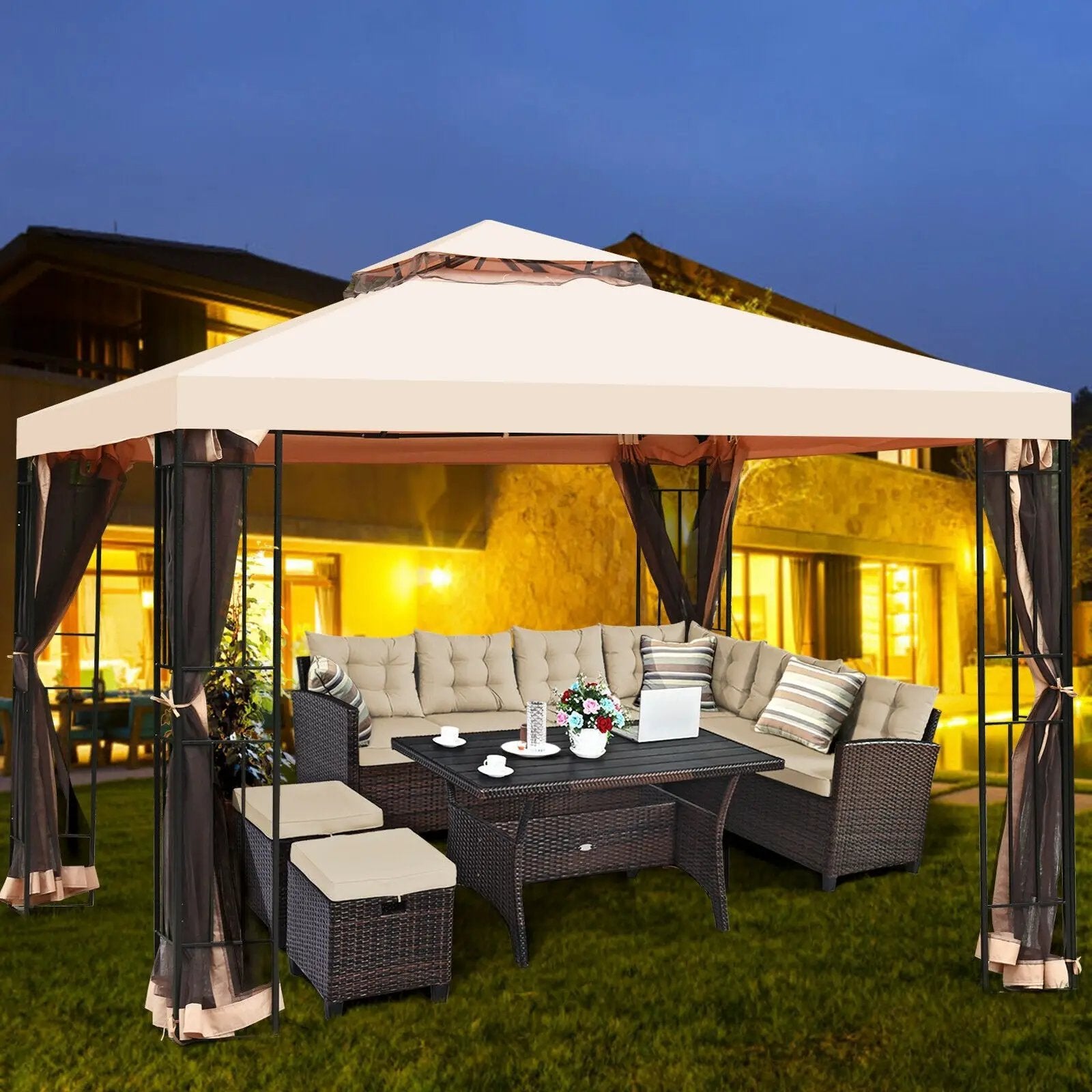 10 x 10 Feet 2-Tier Vented Metal Canopy with Mosquito Netting by DirectDeals
