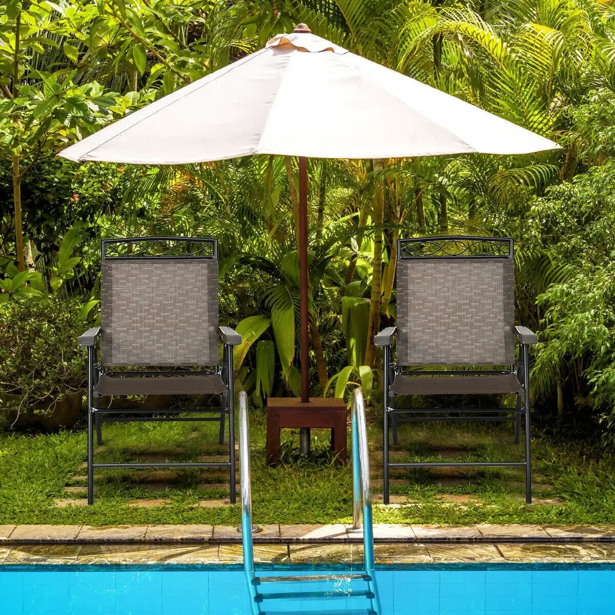 Set of 2 Patio Folding Chairs Sling Portable Dining Chair Set with Armrest by DirectDeals