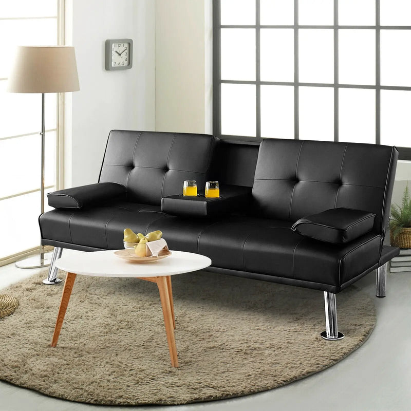 Convertible Folding Leather Futon Sofa with Cup Holders and Armrests by DirectDeals