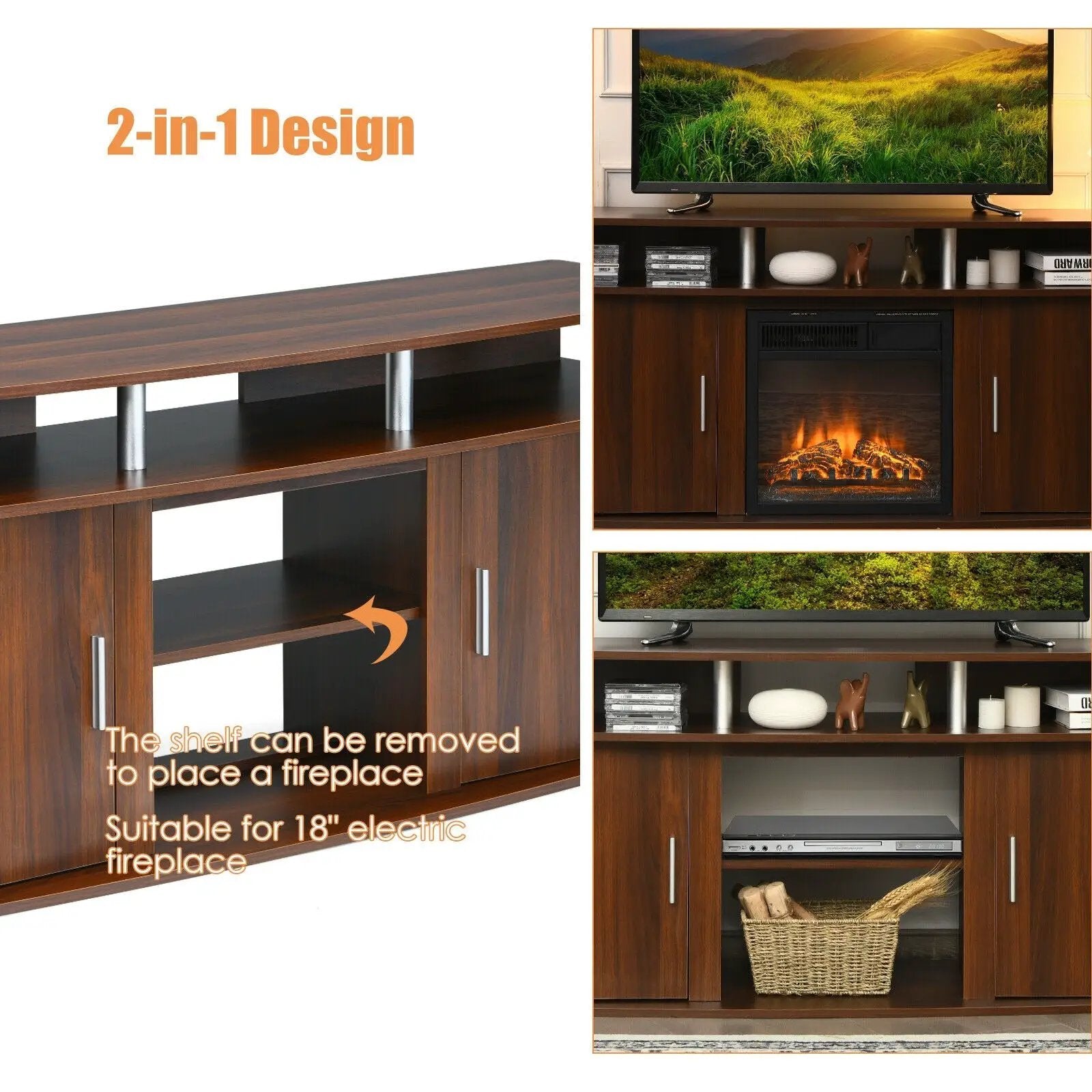 63 Inch TV Entertainment Console Center with 2 Cabinets by DirectDeals