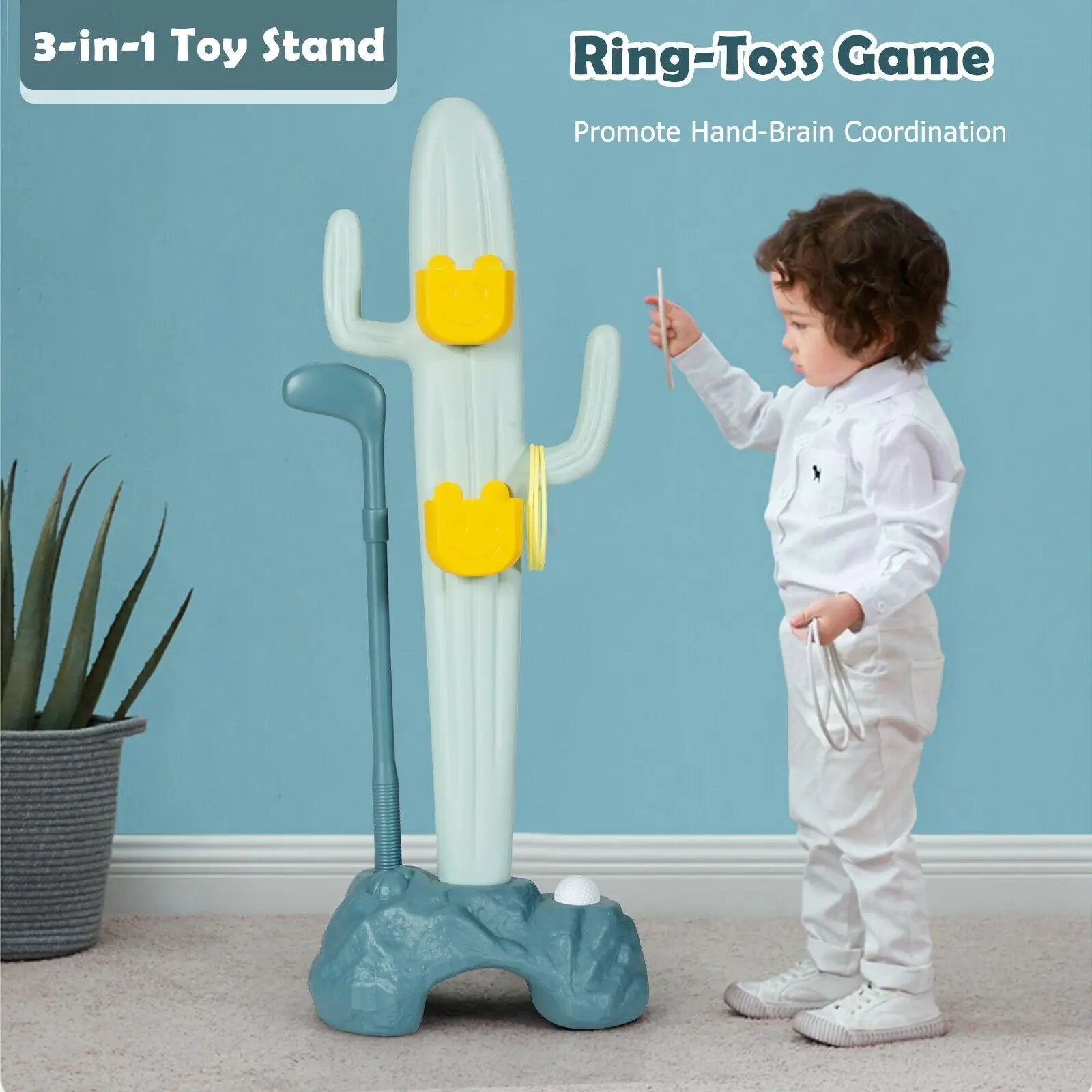 3-in-1 Cactus Toy Stand Sports Activity Center with Golf and Ring-Toss by DirectDeals