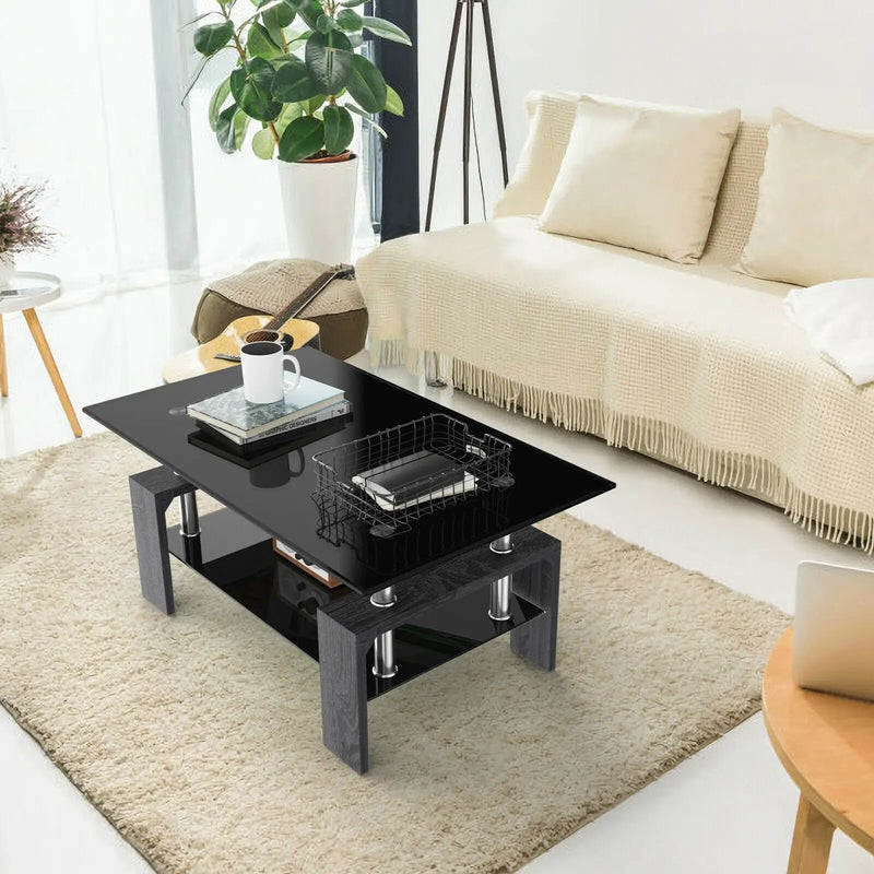 Rectangular Tempered Glass Coffee Table with Shelf by DirectDeals