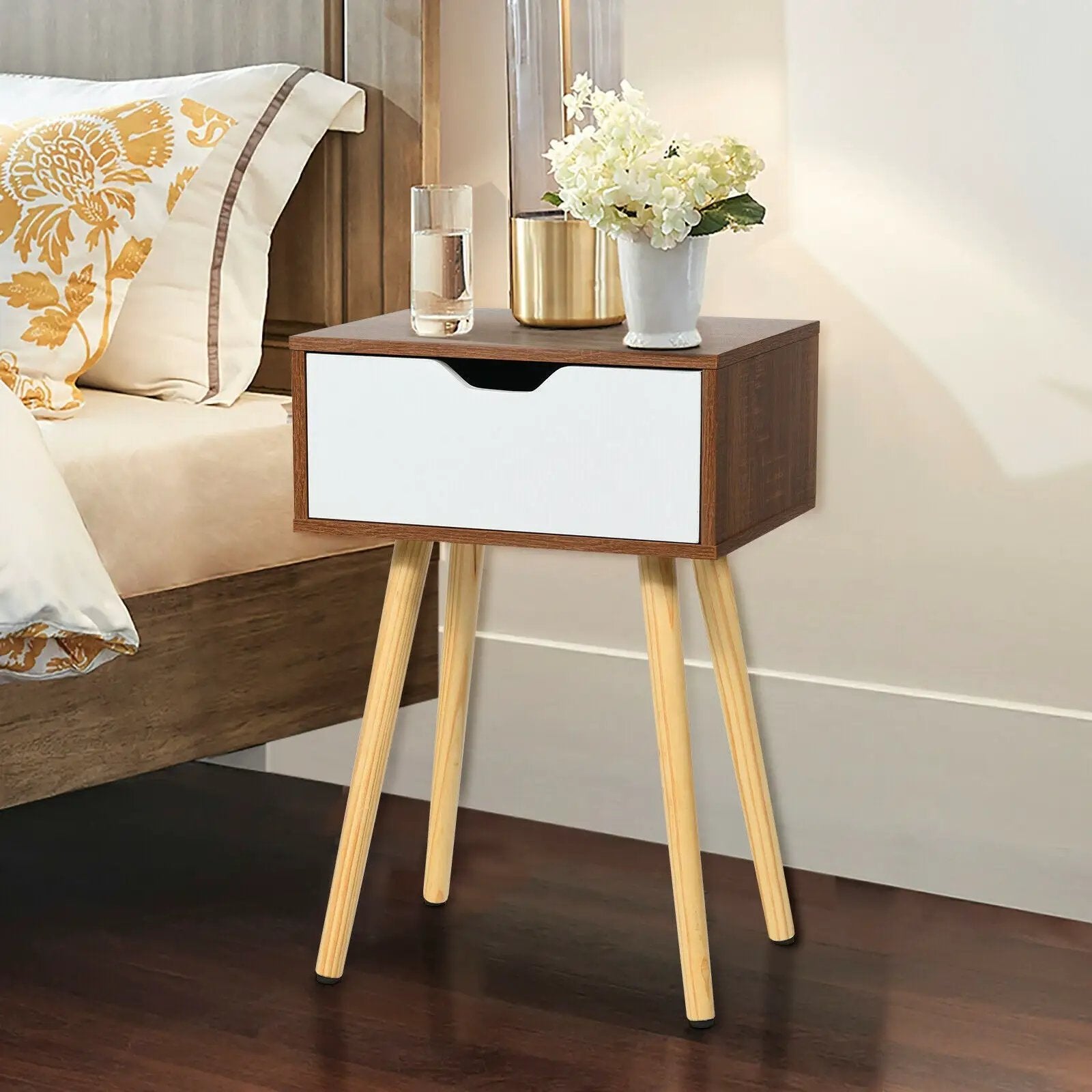 End Side Storage Drawer Nightstand with Solid Wooden Leg by DirectDeals