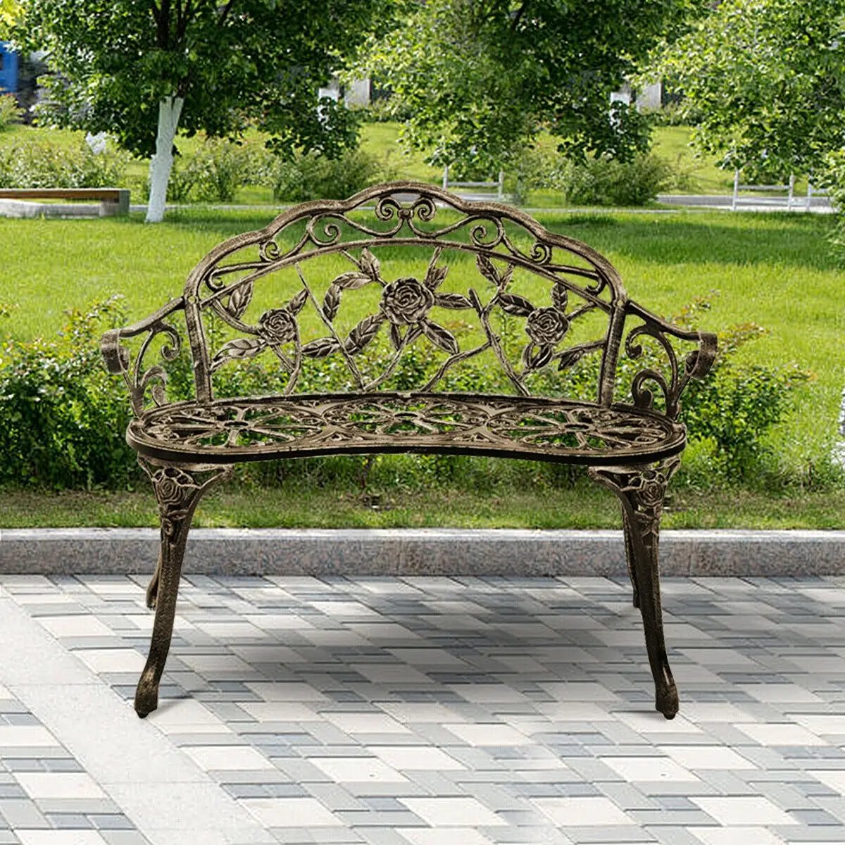 Outdoor Cast Aluminum Patio Bench Antique Rose by DirectDeals