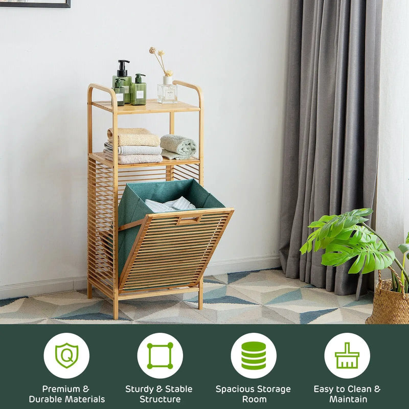 Tilt-out Bamboo Laundry Hamper with 2-Tier Shelf and Removable Liner-Natural by DirectDeals