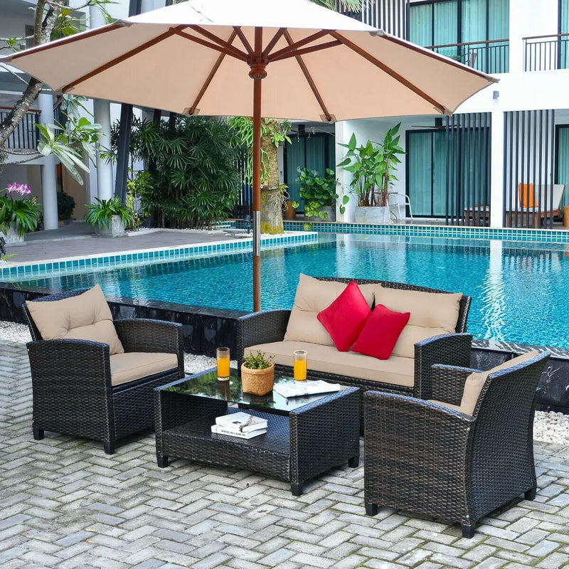 4 Pieces Outdoor Rattan Furniture Set with Glass Table by DirectDeals