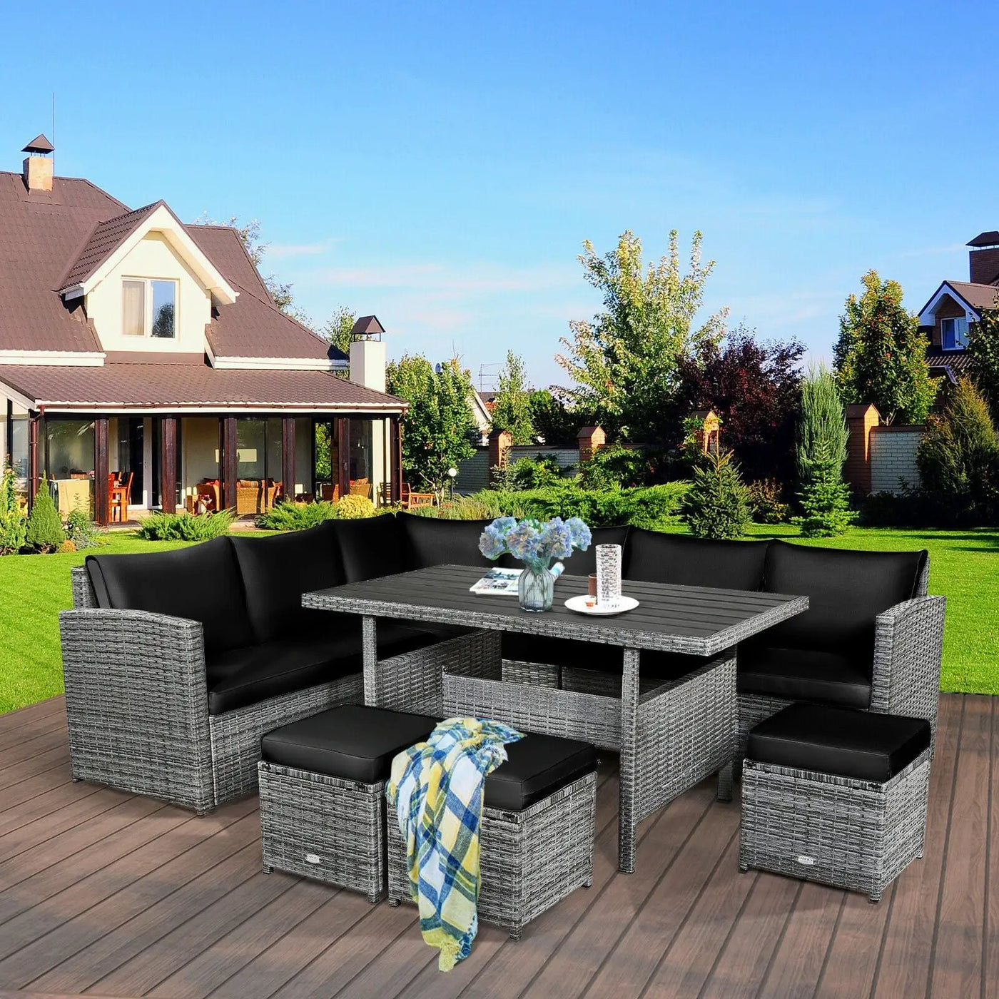 7 Pieces Patio Rattan Dining Furniture Sectional Sofa Set with Wicker Ottoman by DirectDeals