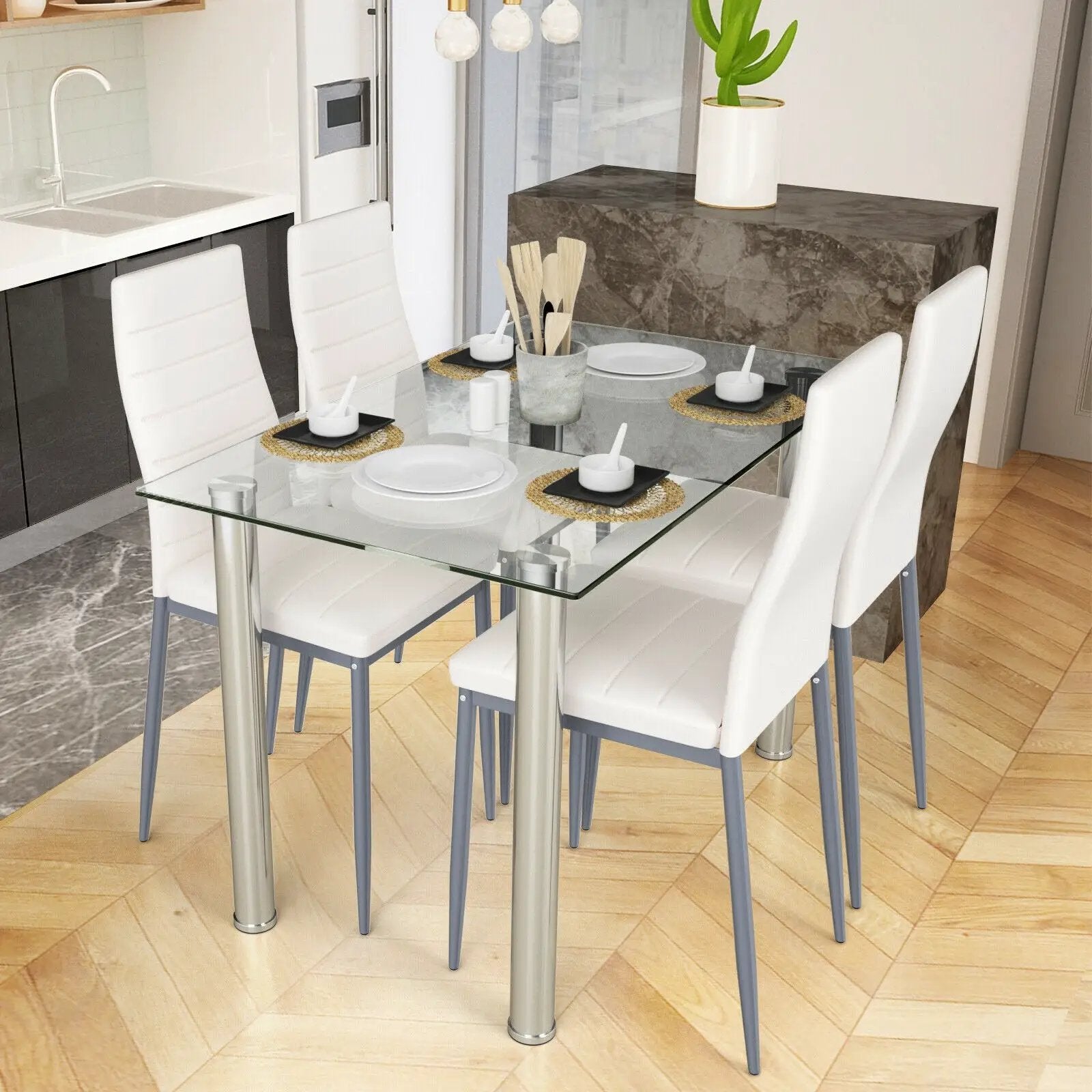 5 Pieces Dining Set with 4 PVC Leather Chairs by DirectDeals