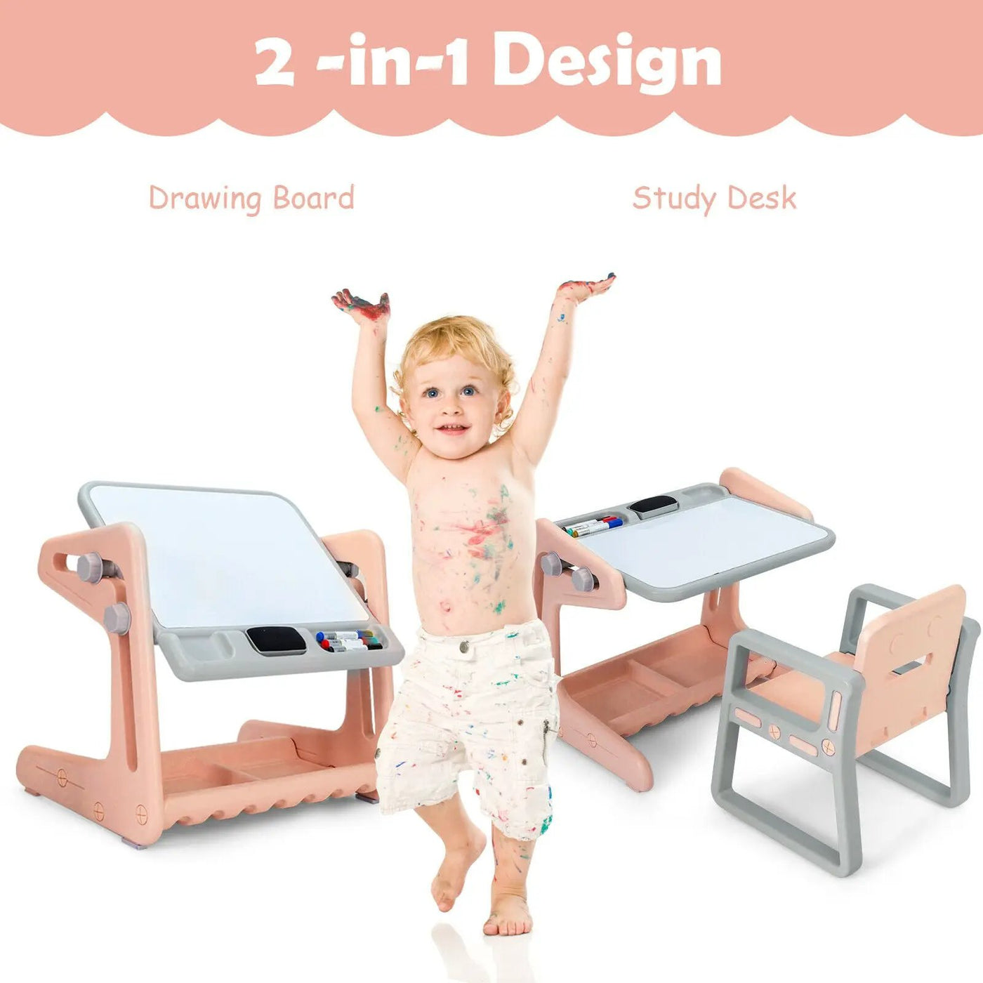 2 in 1 Kids Easel Table and Chair Set with Adjustable Art Painting Board by DirectDeals
