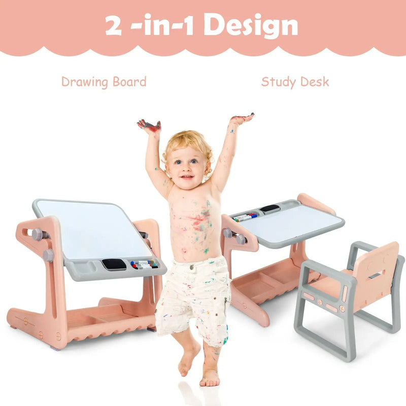 2 in 1 Kids Easel Table and Chair Set with Adjustable Art Painting Board by DirectDeals