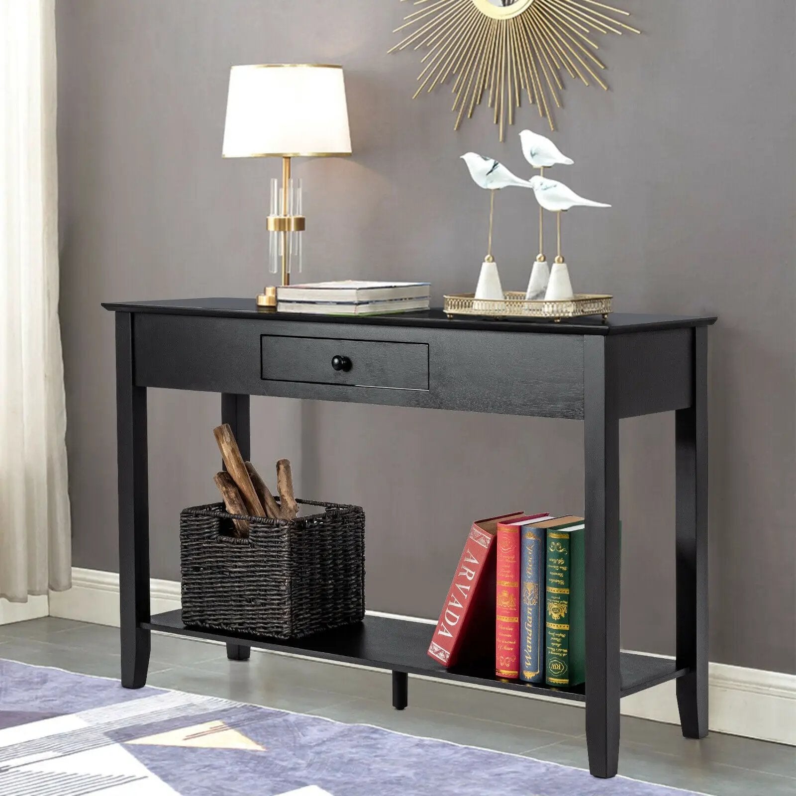 Console Sofa Side Accent Table with Drawer Shelf-Black by DirectDeals