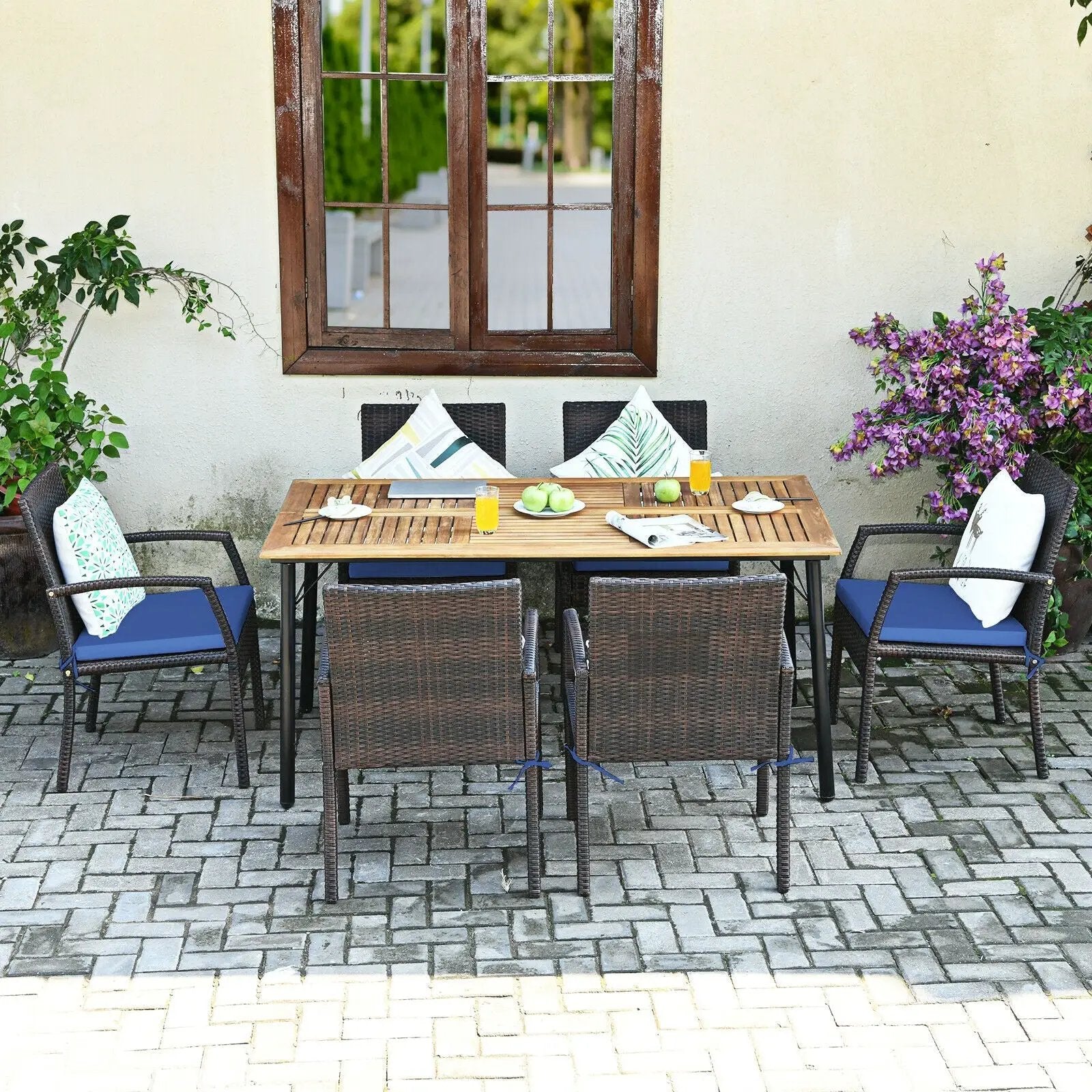 7Pcs Patio Rattan Cushioned Dining Set with Umbrella Hole by DirectDeals