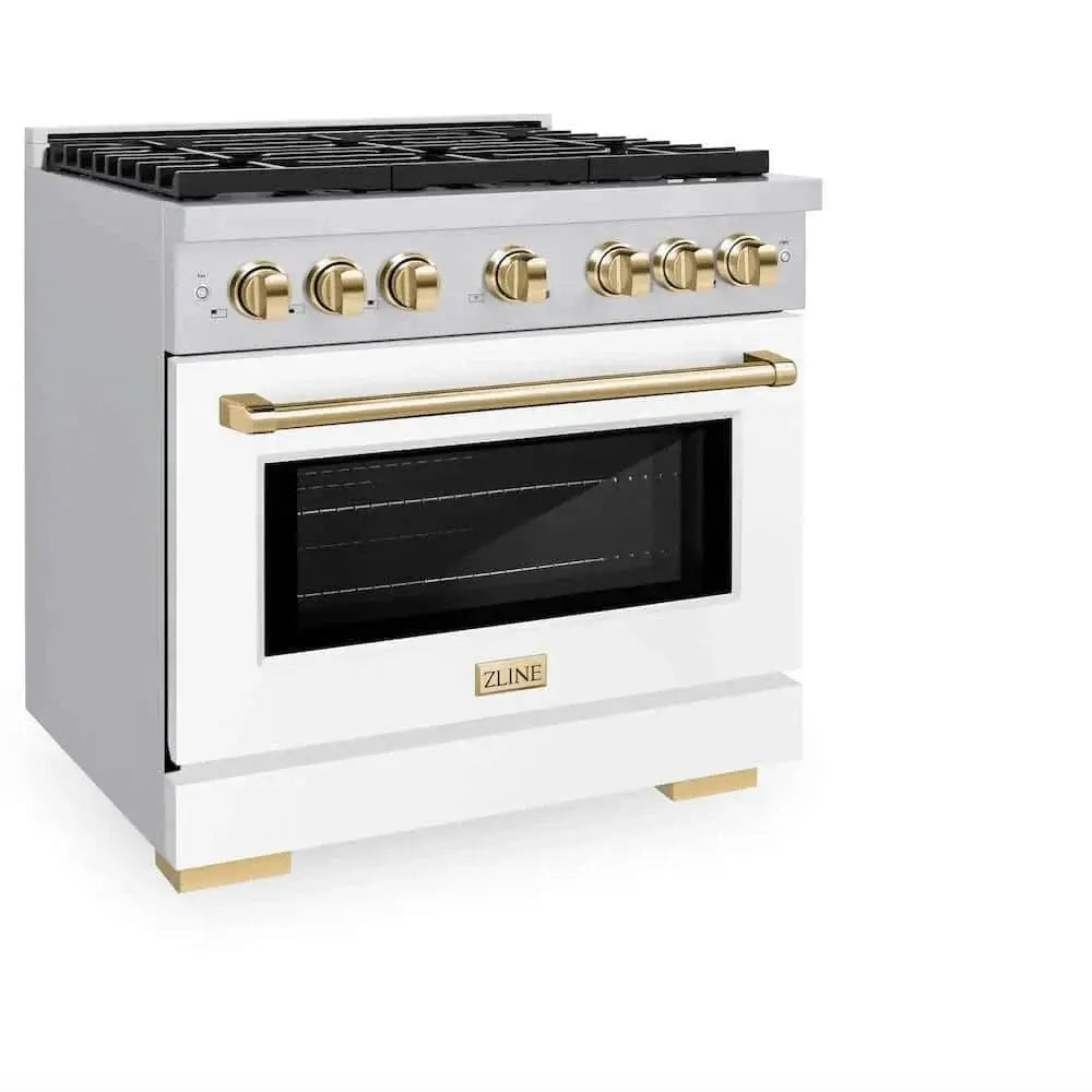 ZLINE 36"Gas Range, Convection Oven White, Gold, SGRZ-WM-36-G by Farmhouse Kitchen and Bath