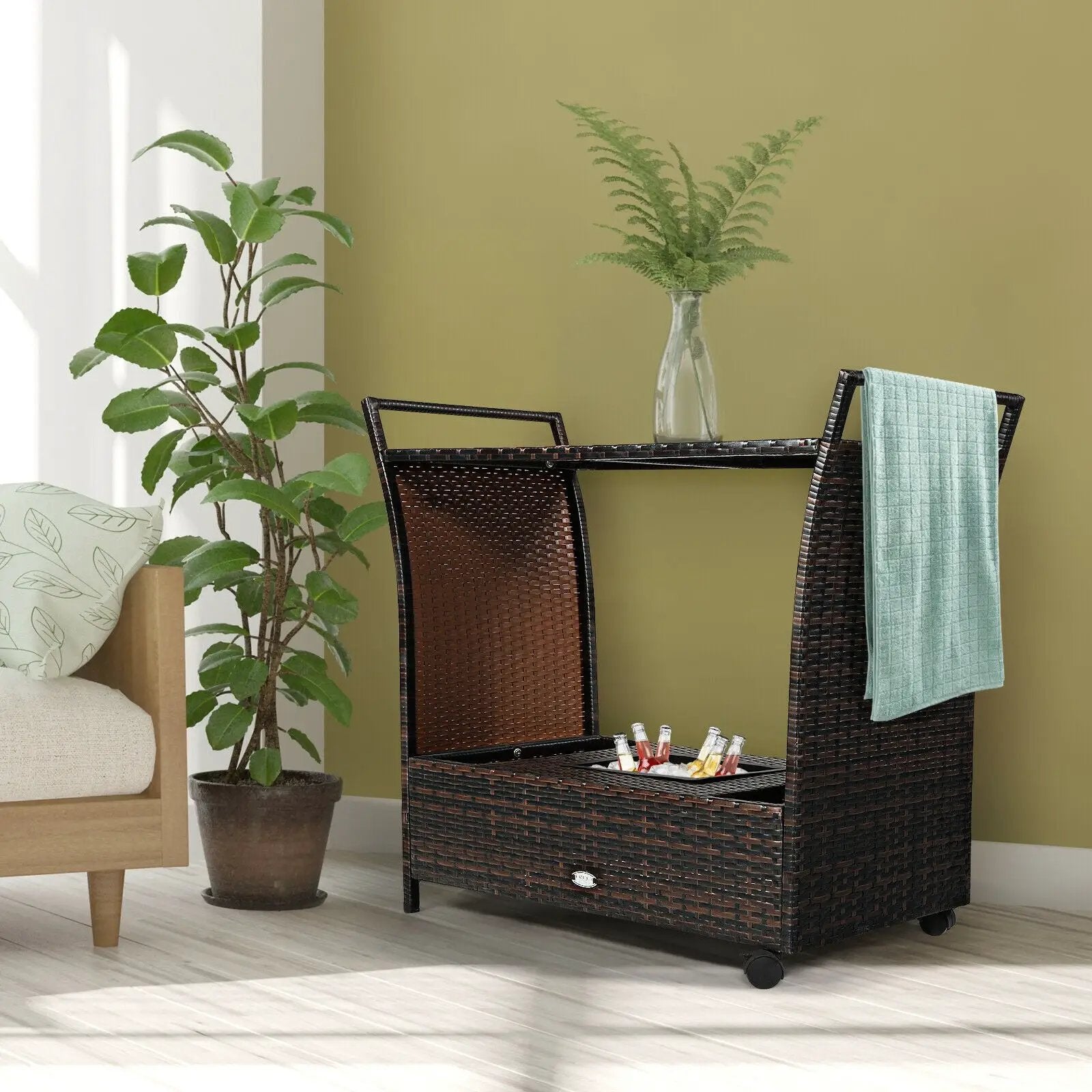 Patio Rattan Bar Serving Cart with Glass Top and Handle by DirectDeals