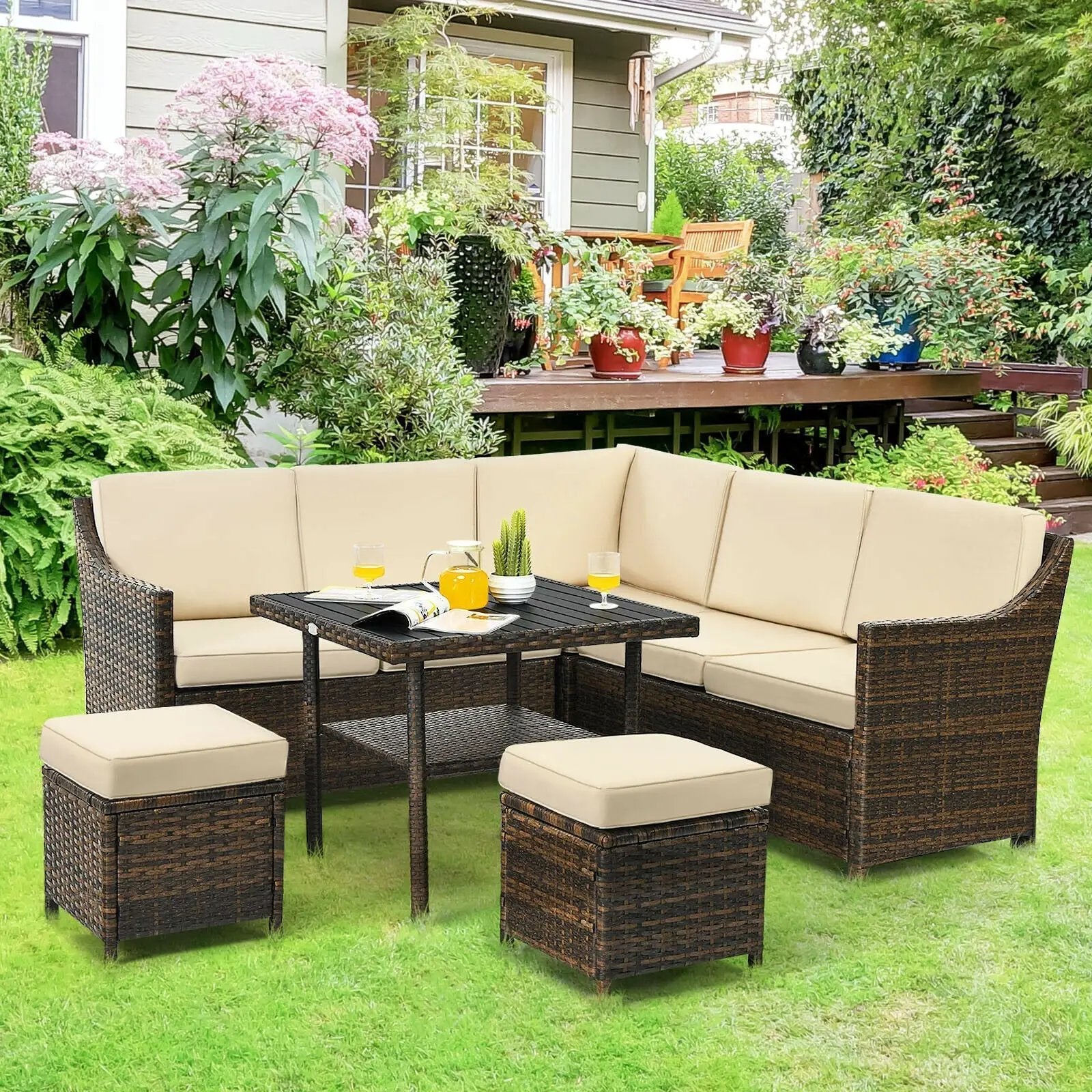 6 Pieces Patio Rattan Dining Sofa Funiture Set by DirectDeals