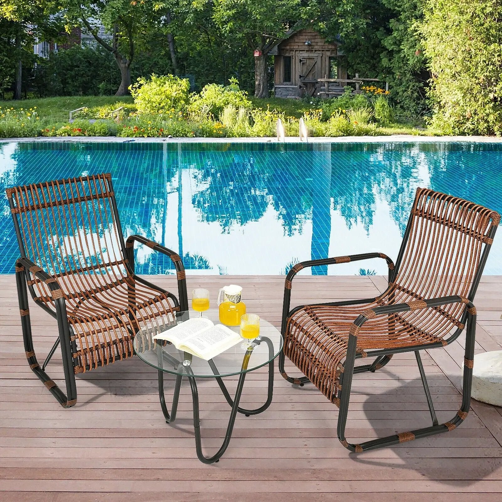 3 Pieces Patio Rattan Furniture Set with 2 Single Wicker Chairs and Glass Side Table by DirectDeals