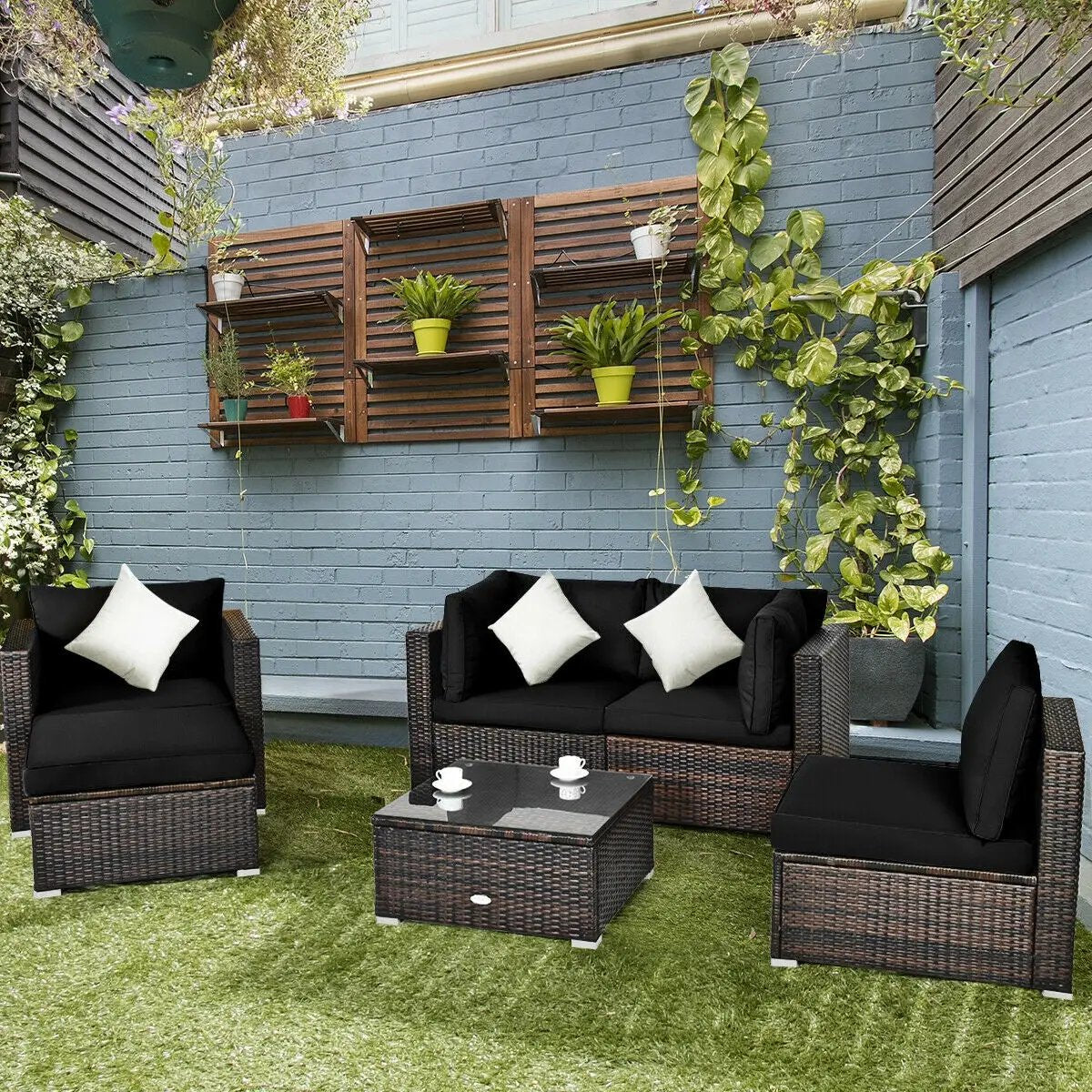 6 Pcs Patio Rattan Furniture Set with Sectional Cushion by DirectDeals