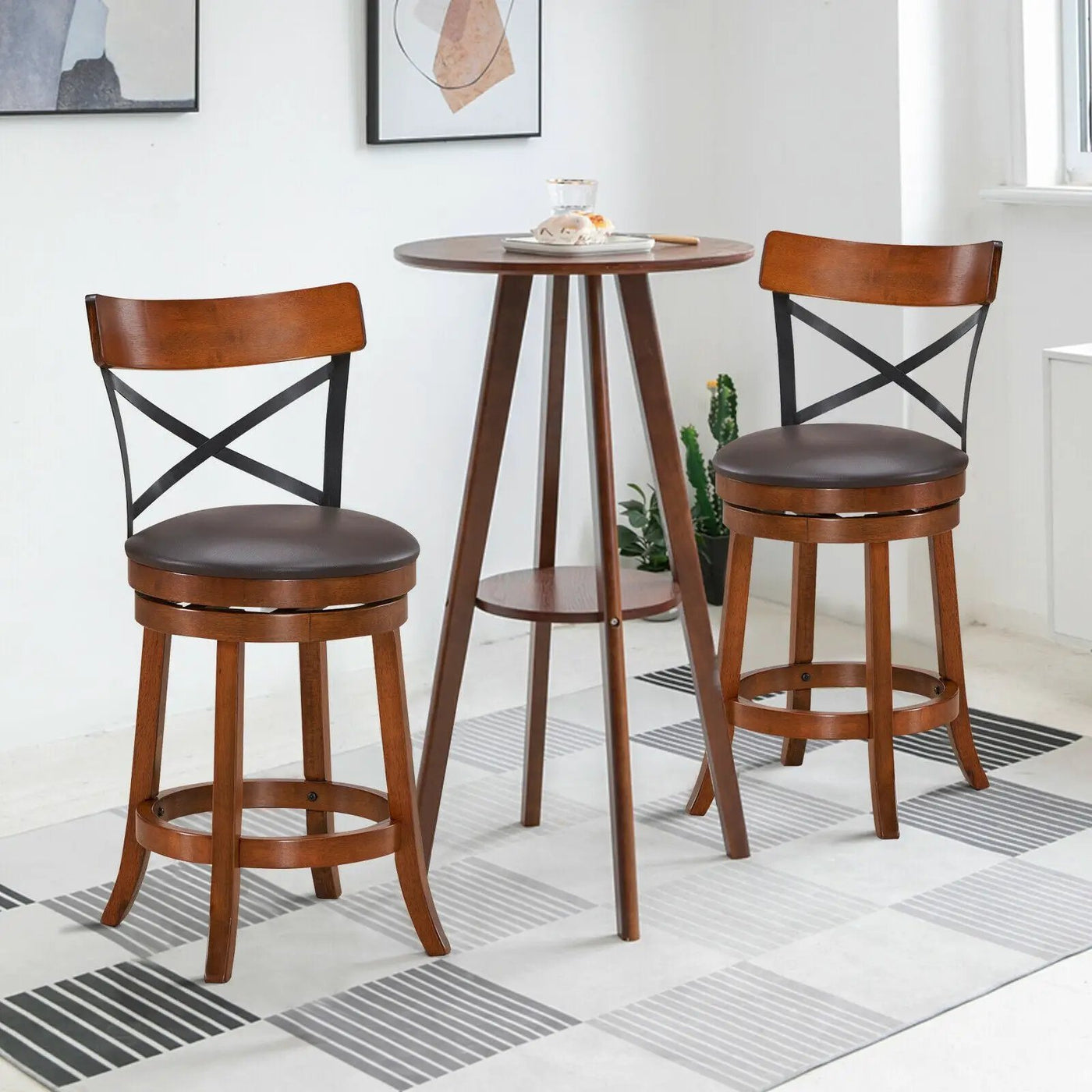 Set of 2 Bar Stools 360-Degree Swivel Dining Bar Chairs with Rubber Wood Legs by DirectDeals