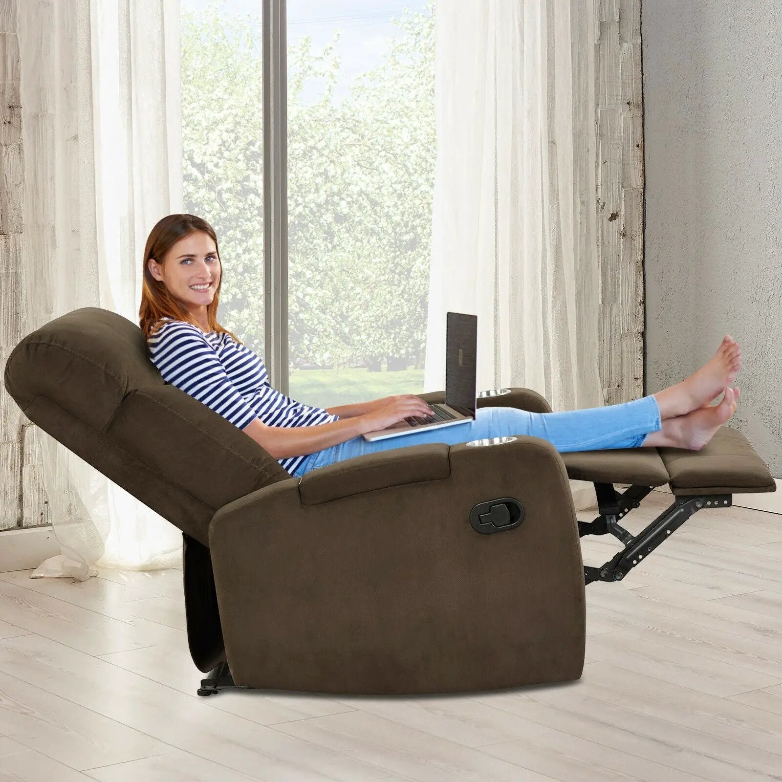 Recliner Chair Single Sofa Lounger with Arm Storage and Cup Holder for Living Room by DirectDeals