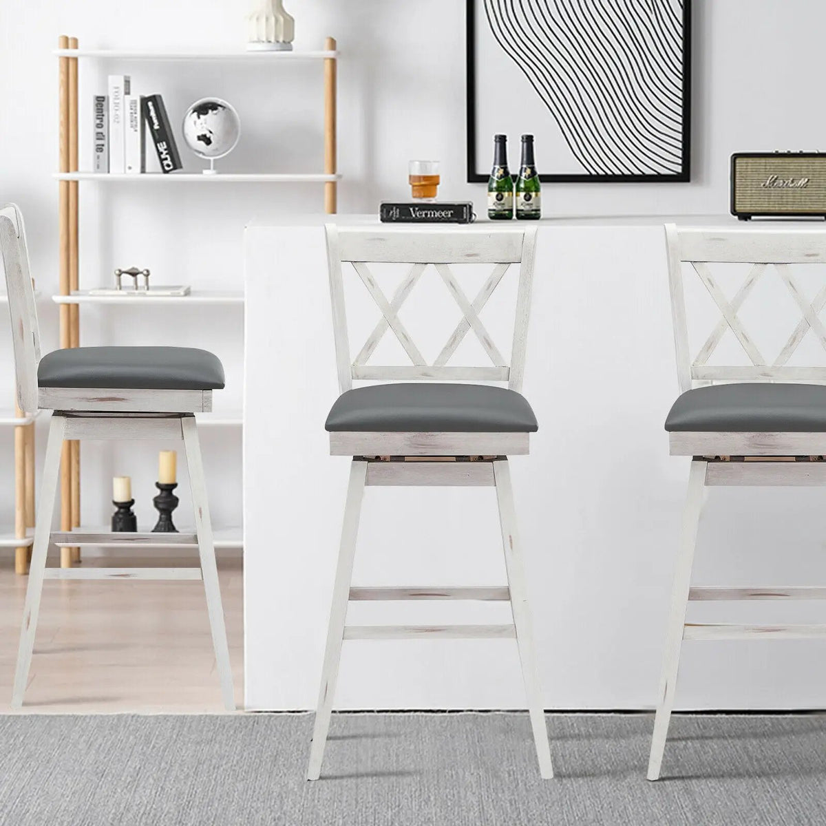 2 Pieces 29 Inches Swivel Counter Height Barstool Set with Rubber Wood Legs by DirectDeals