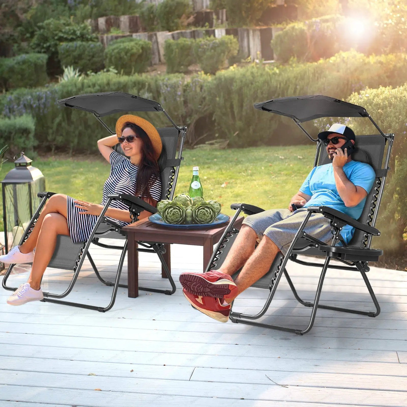Folding Recliner Lounge Chair with Shade Canopy Cup Holder by DirectDeals