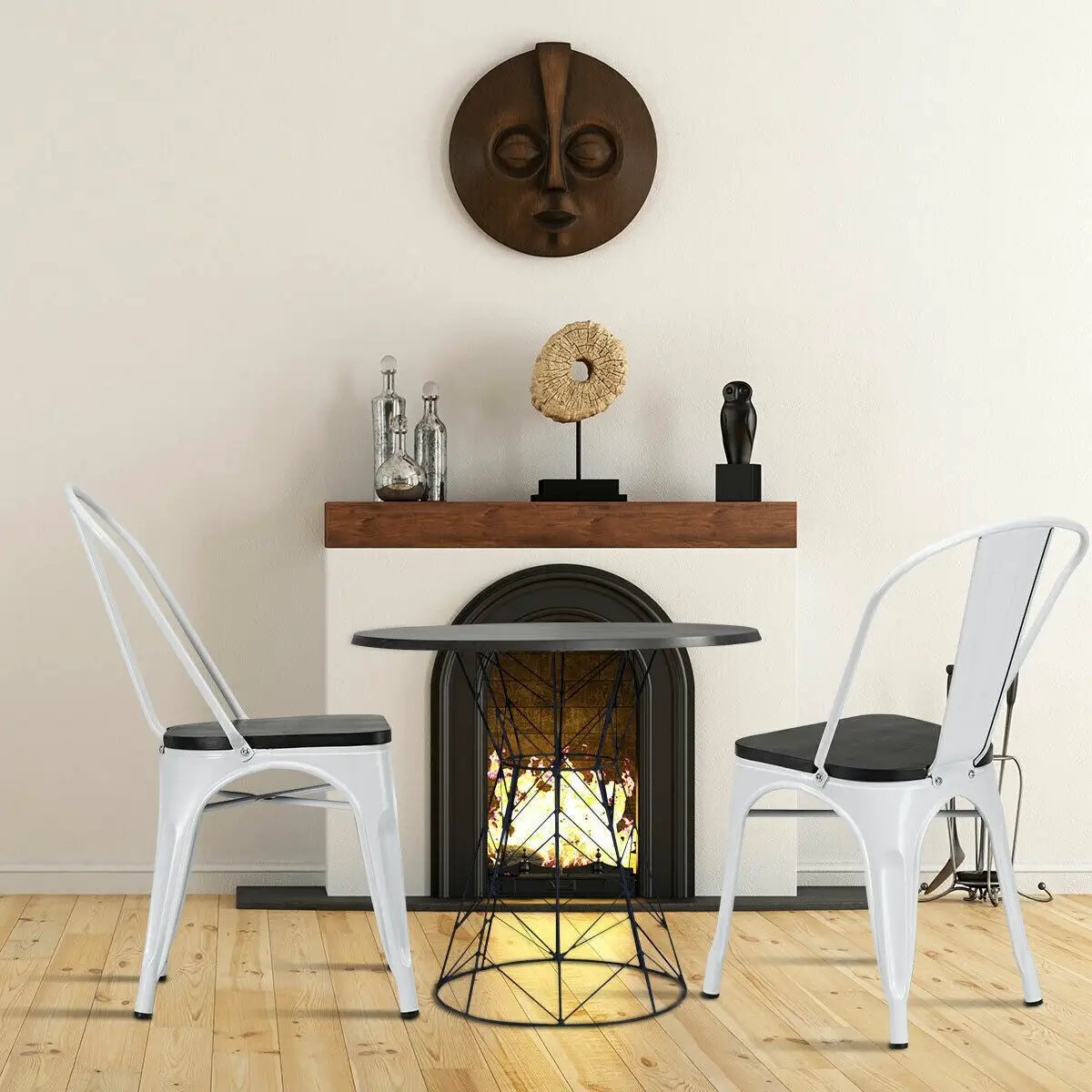 4 Pieces Tolix Style Metal Dining Side Chair Stackable Wood Seat by DirectDeals