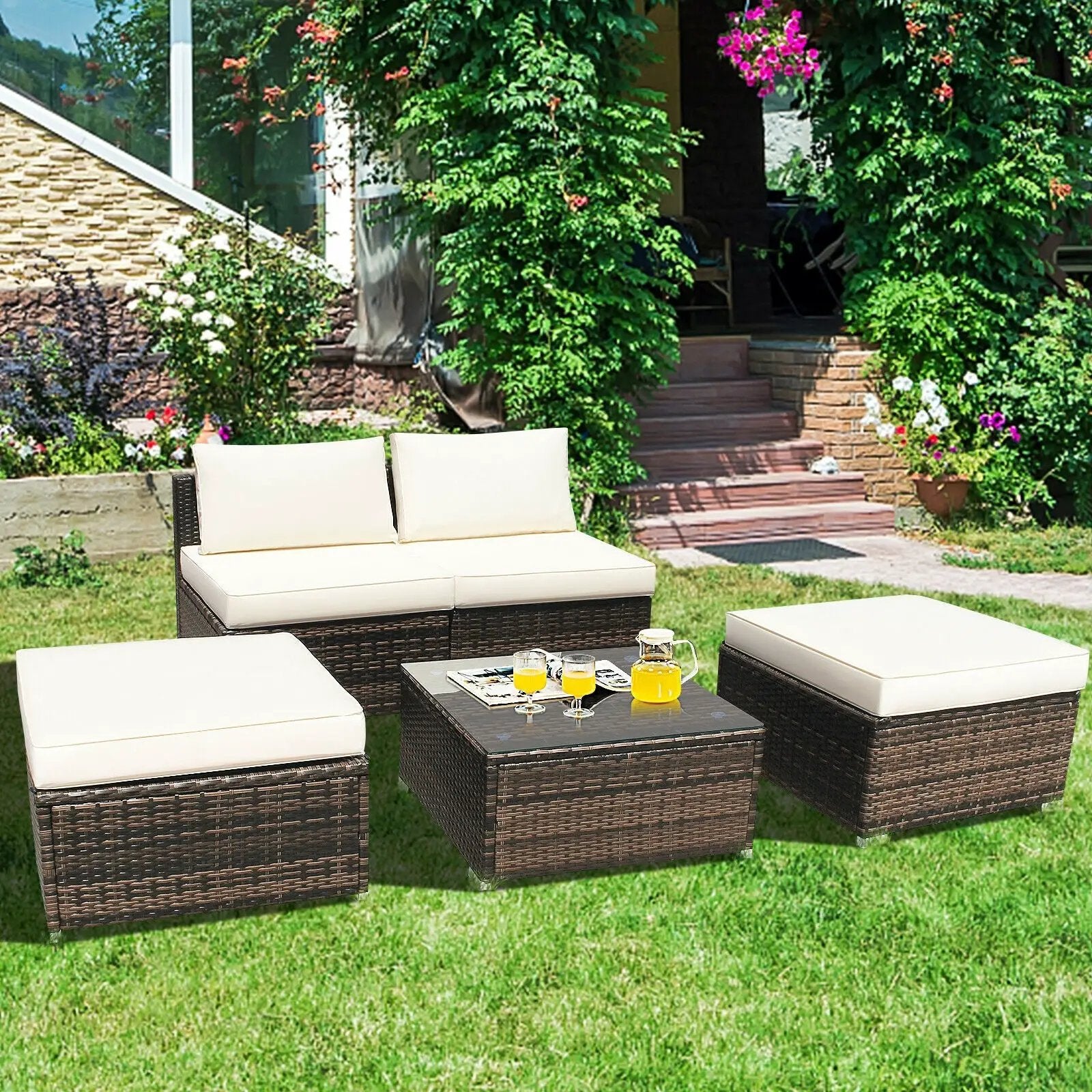 5 Pieces Patio Rattan Furniture Set with Cushioned Armless Sofa by DirectDeals