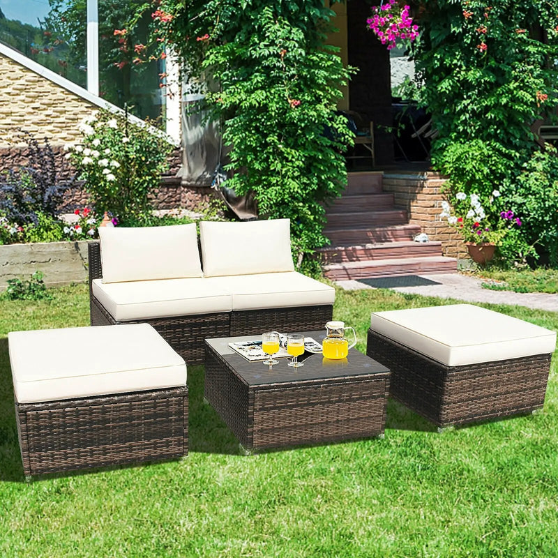5 Pieces Patio Rattan Furniture Set with Cushioned Armless Sofa by DirectDeals