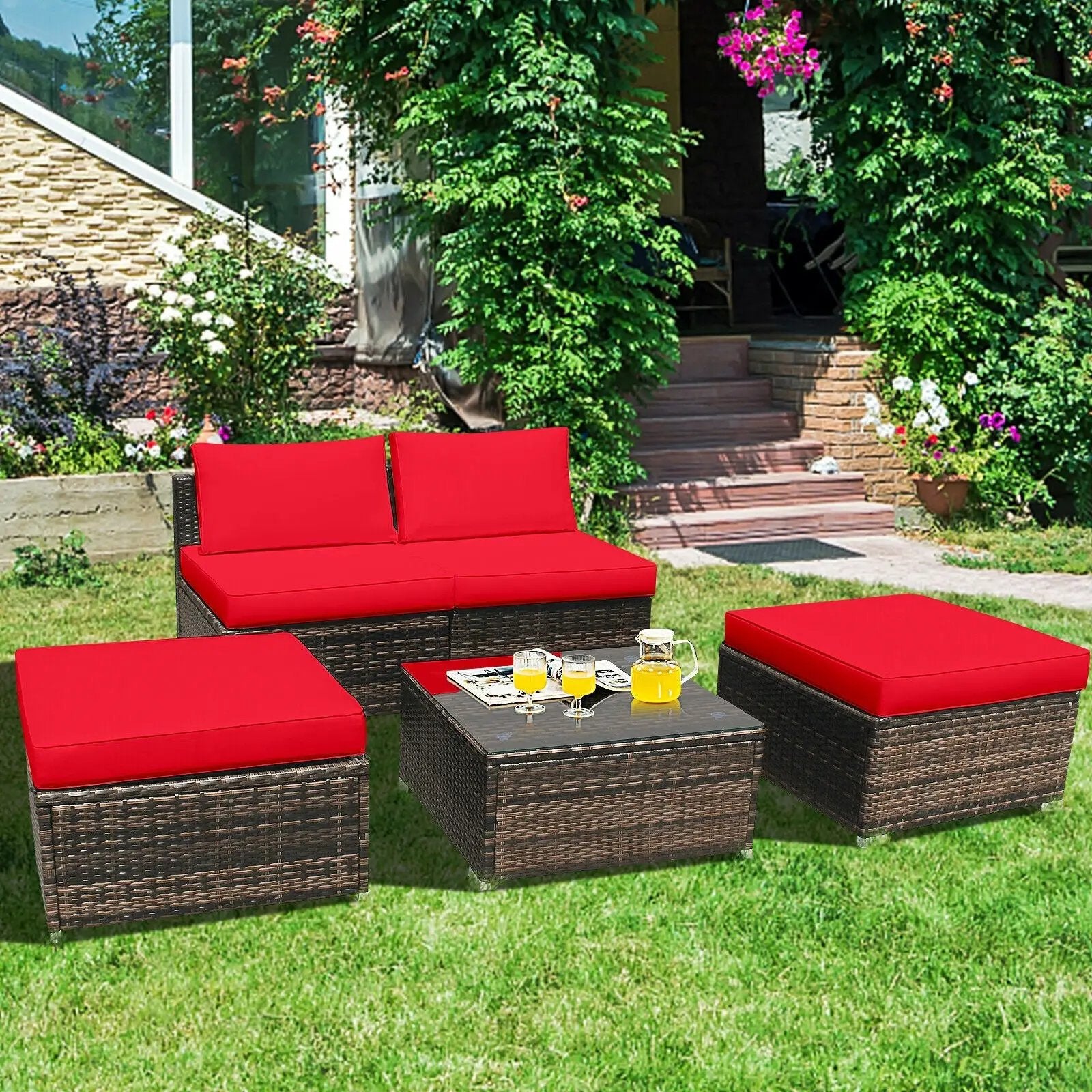 5 Pieces Patio Rattan Furniture Set with Cushioned Armless Sofa by DirectDeals