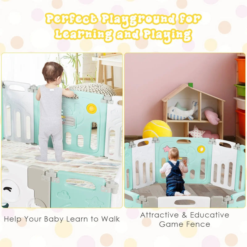 14-Panel Foldable Baby Playpen Kids Activity Centre-Green by DirectDeals