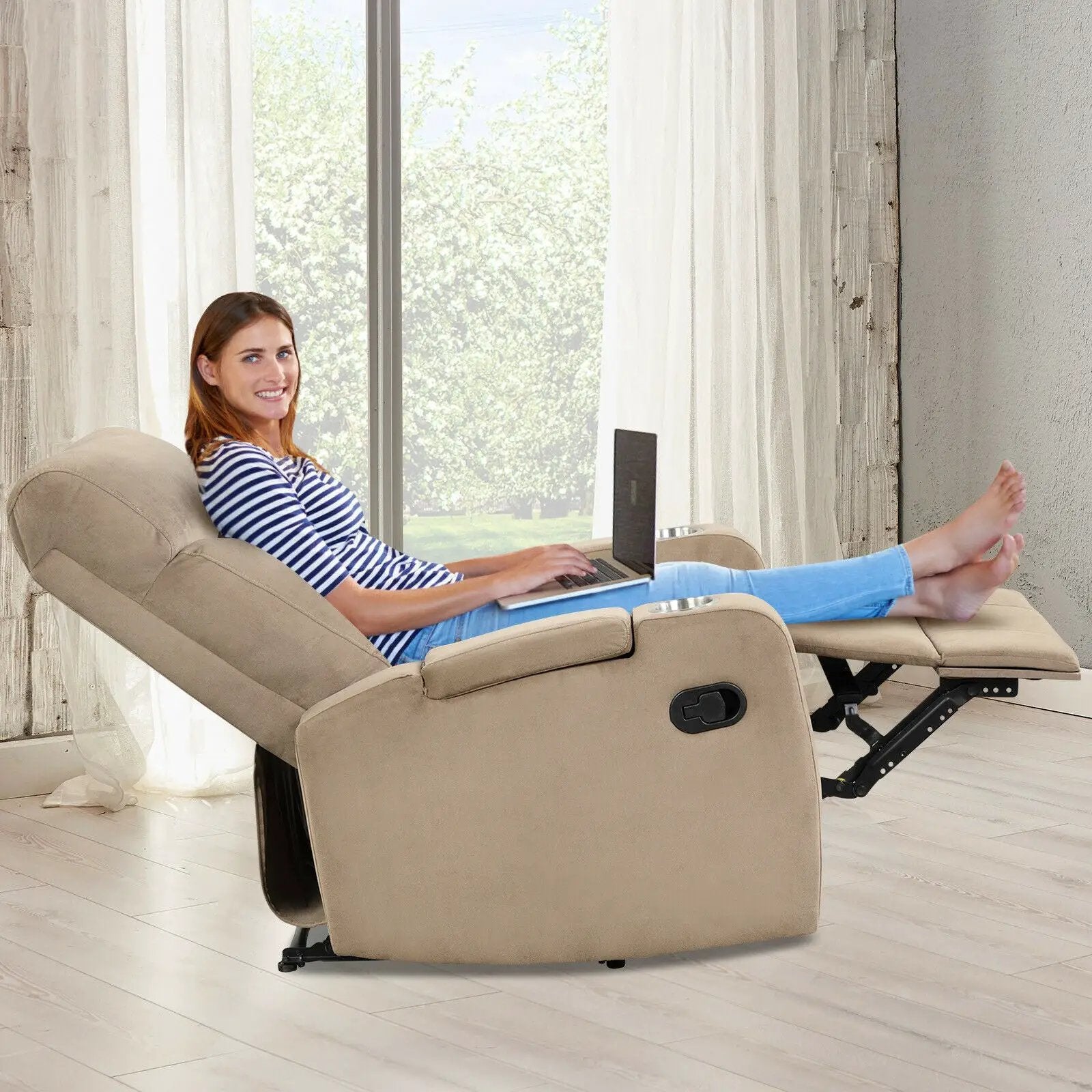 Recliner Chair Single Sofa Lounger with Arm Storage and Cup Holder for Living Room by DirectDeals